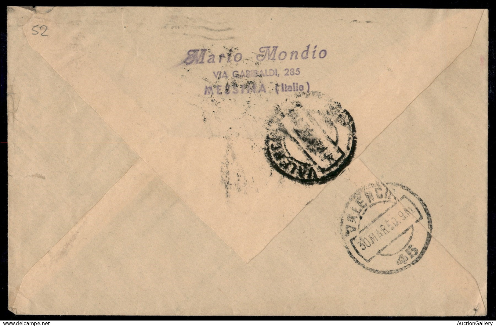 Repubblica - Lettera Da Messina Per Valencia (Spagna) Del 23.3.50 Con 20 Lire Cimarosa + 20 Lire + 5 Lire Democratica -  - Andere & Zonder Classificatie