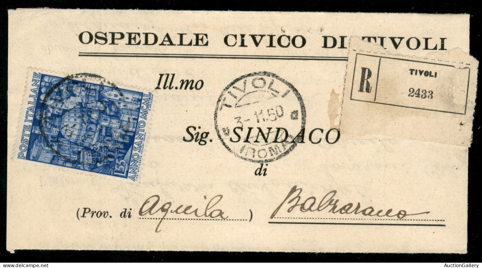 Repubblica - Plico Raccomandato Con Anno Santo 55 Lire (621) Isolato Da Tivoli 3.11.50 Per Balzarano - Otros & Sin Clasificación
