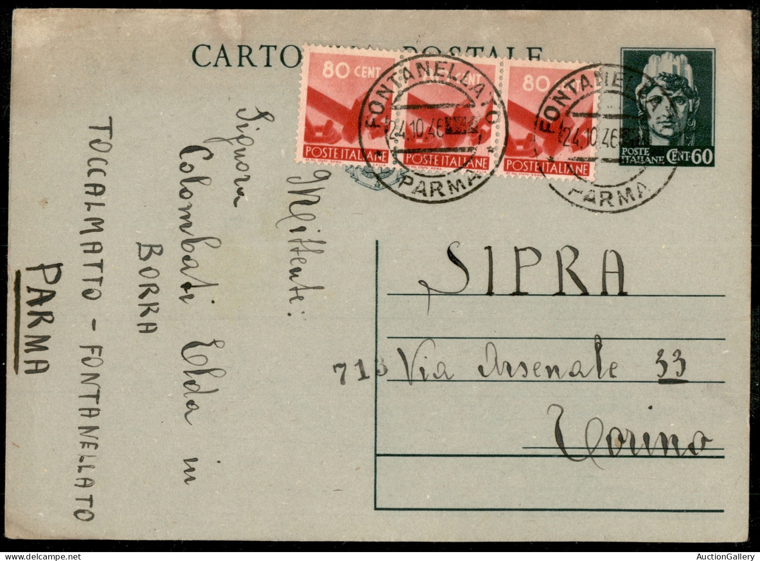 Repubblica - Cartolina Postale Turrita Con Stemma 60 Cent (C123) Affrancata Con Democratica Striscia Di Tre 80 Cent Da F - Autres & Non Classés