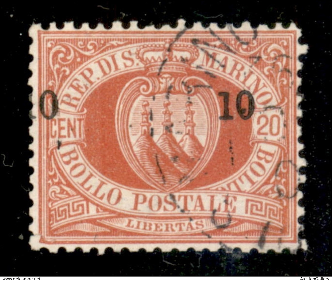 SAN MARINO - 1892 - 10 Cent Su 20 Stemma (11) Usato - Soprastampa Spostata (0 10) - Ben Centrato - Autres & Non Classés