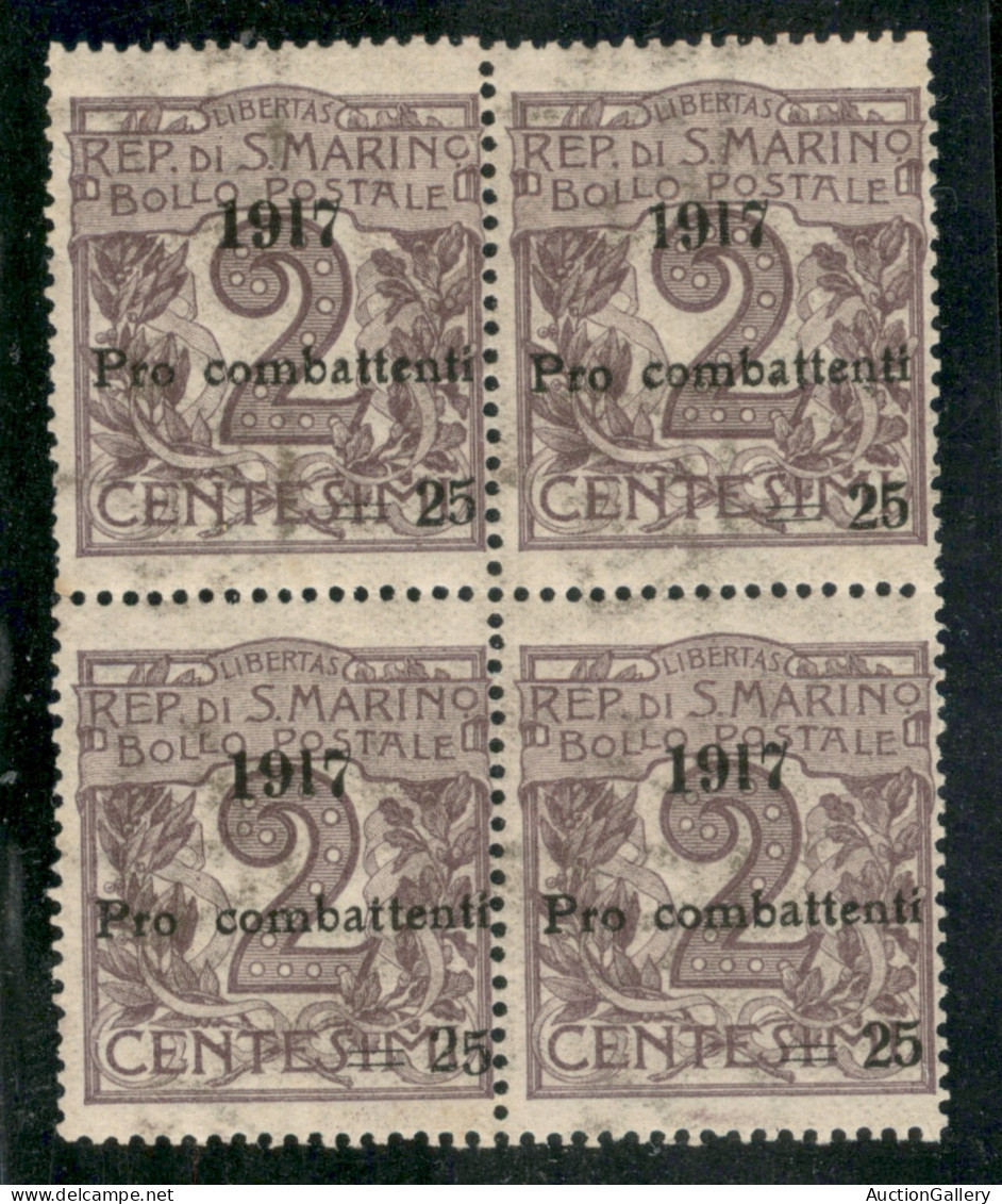 SAN MARINO - 1917 - 25 Cent Su 2 Cent Pro Combattenti (51 + Varietà) - Quartina - Pezzo Inferiore Sinistro Con 5 Di 25 D - Other & Unclassified