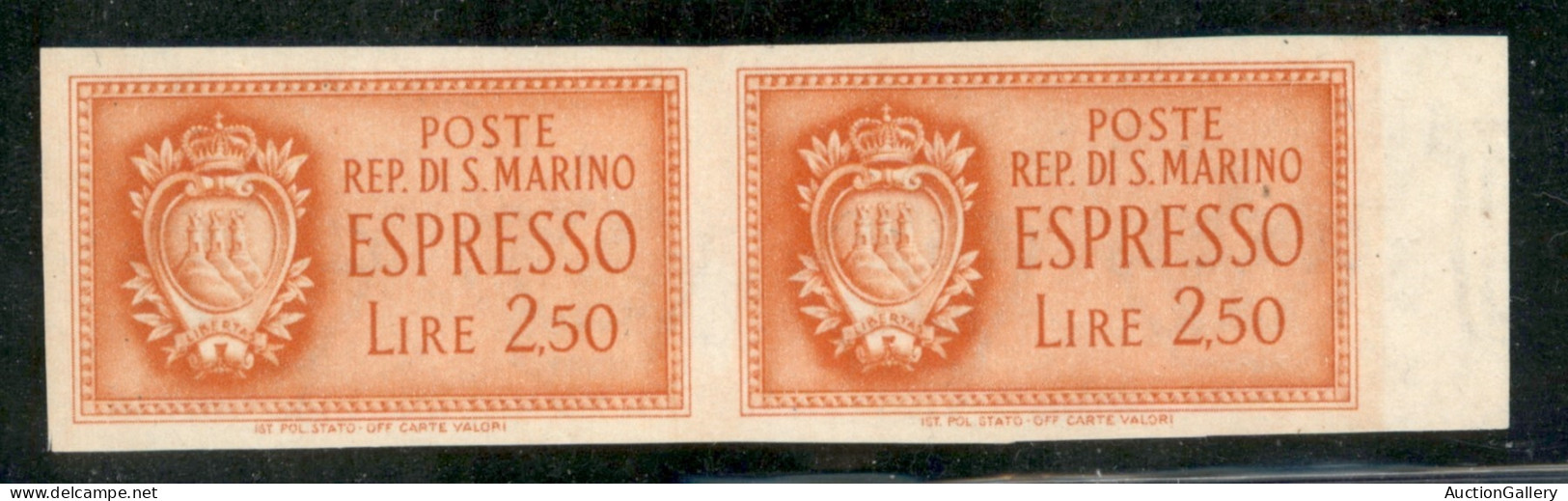 SAN MARINO - 1943 - 2,50 Lire Espresso (10a) - Coppia Orizzontale - Non Dentellati - Gomma Integra - Other & Unclassified