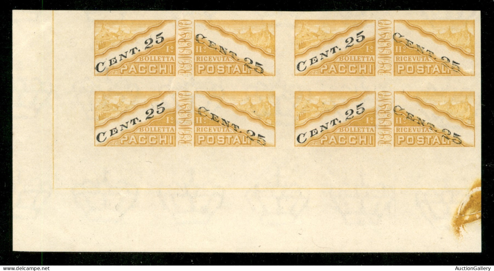 SAN MARINO - 1946 - 25 Cent Pacchi Postali (19/II B) - Quartina Angolo Di Foglio Non Dentellati - Gomma Integra - Sonstige & Ohne Zuordnung