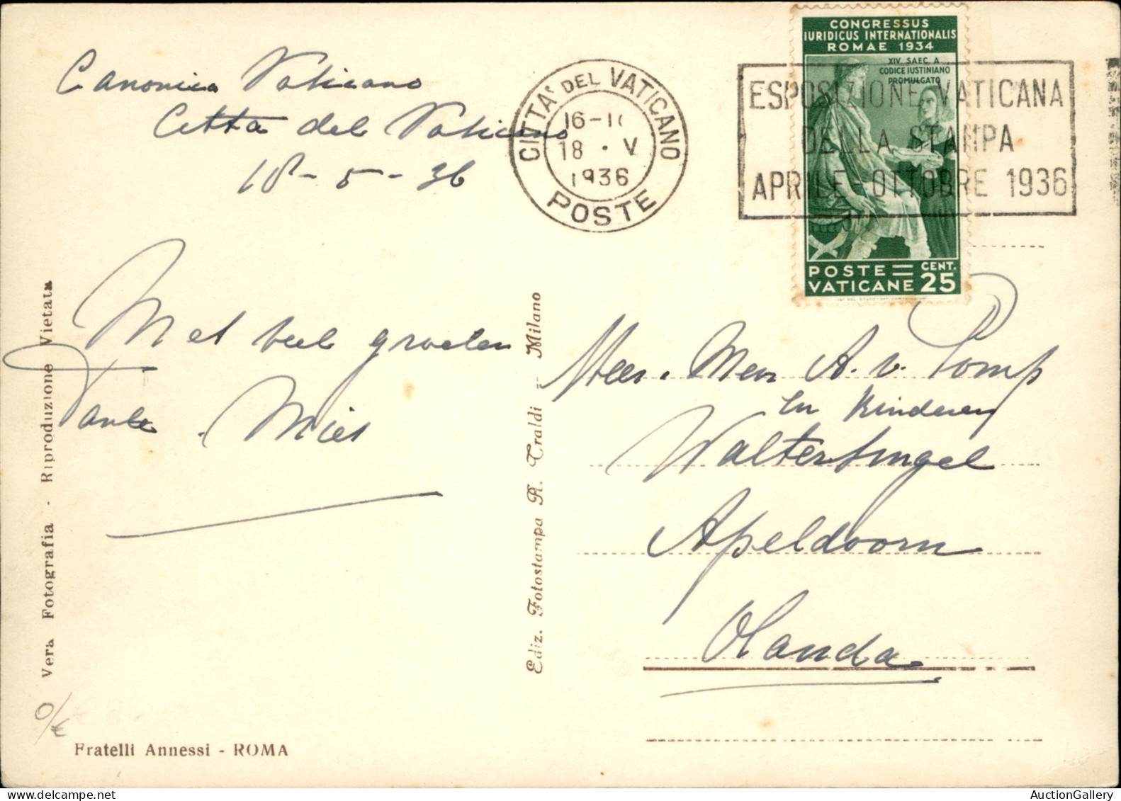 VATICANO - 25 Cent Congresso Giuridico (43) Isolato Su Cartolina Del 18.V.1936 Per L'Olanda - Annullo A Targhetta Città  - Other & Unclassified