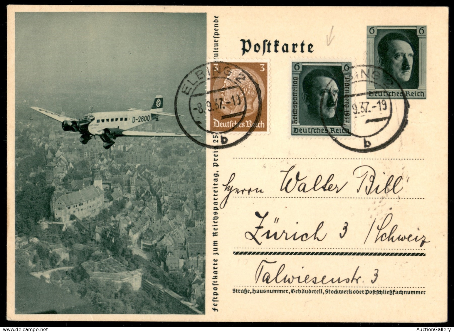 EUROPA - GERMANIA - Cartolina Postale Da 6 Pfennig Con Valore Gemello + Complementare - Elbing 8.3.37 - Other & Unclassified