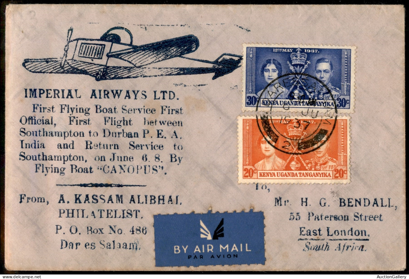 EUROPA - GRAN BRETAGNA - 1937 (6 Giugno) - Imperial Airways - Boat Service Southampton Durban - Andere & Zonder Classificatie