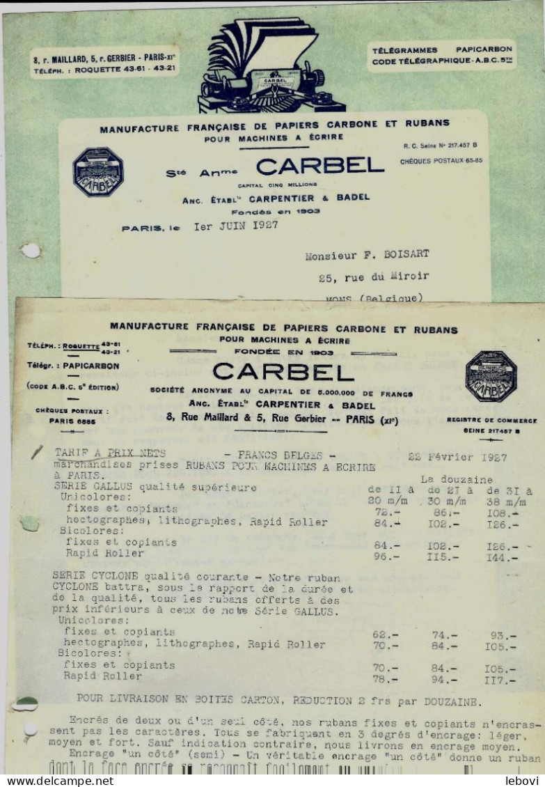 PARIS S. A. CARBEL – Manufacture De Papier Cxarbone Et Rubans Pour Machines à écrire –lettre S Commerciale + Tarif (1927 - 1950 - ...