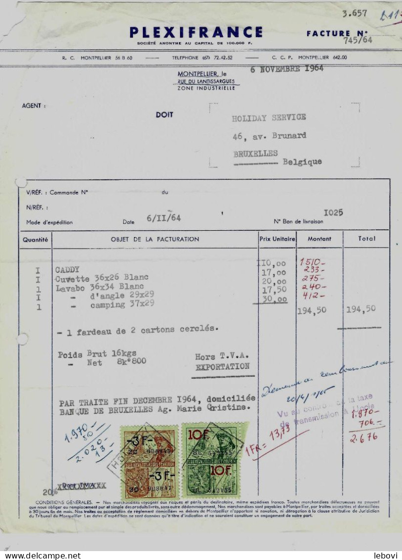 France – MONTPELLIER -  S. A. PLEXIFRANCE – Facture (1964) - 1950 - ...