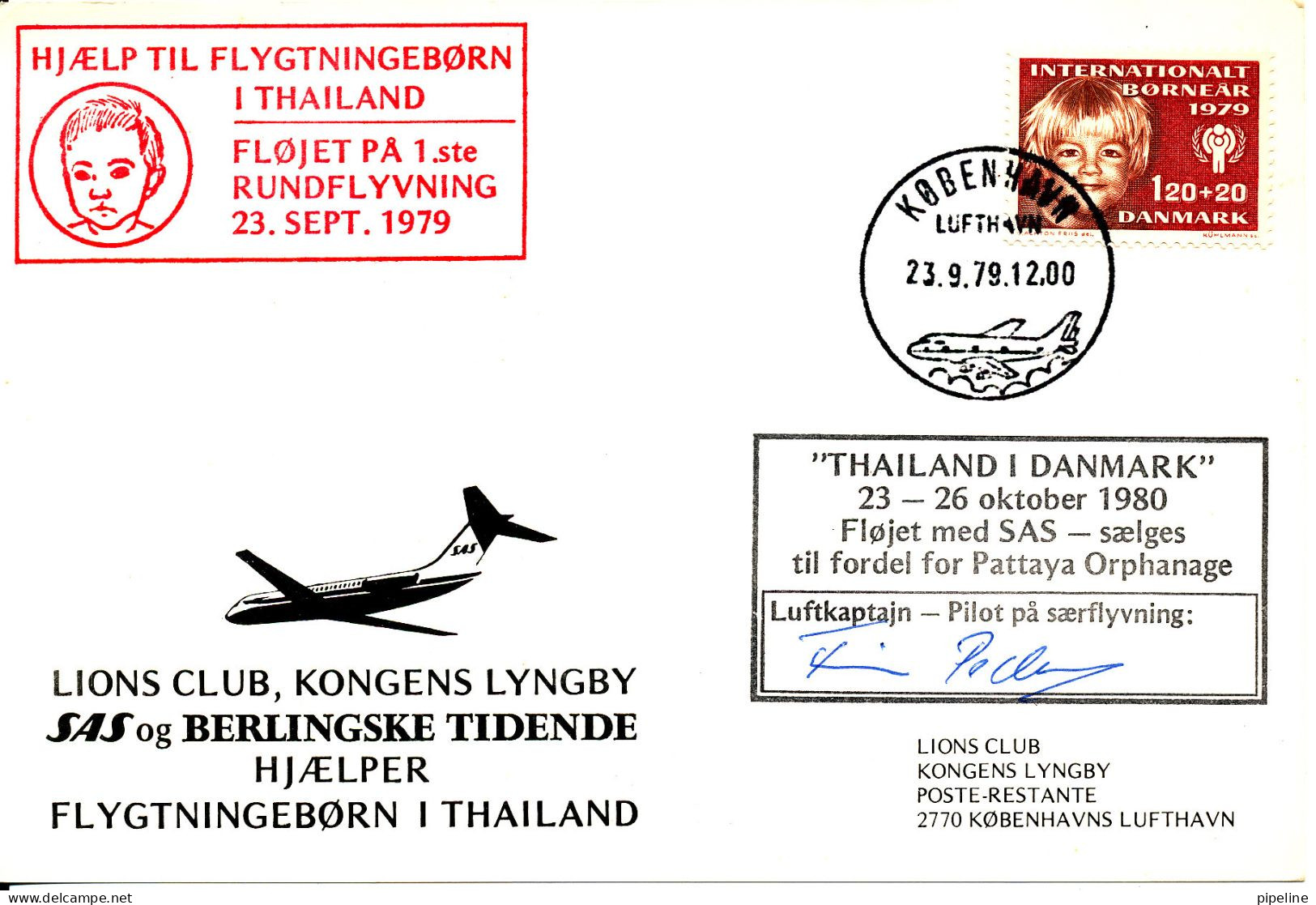 Denmark Lions Club & SAS Flight Helping Refugee Children In Thailand Copenhagen Airport 23-9-1979 - Storia Postale