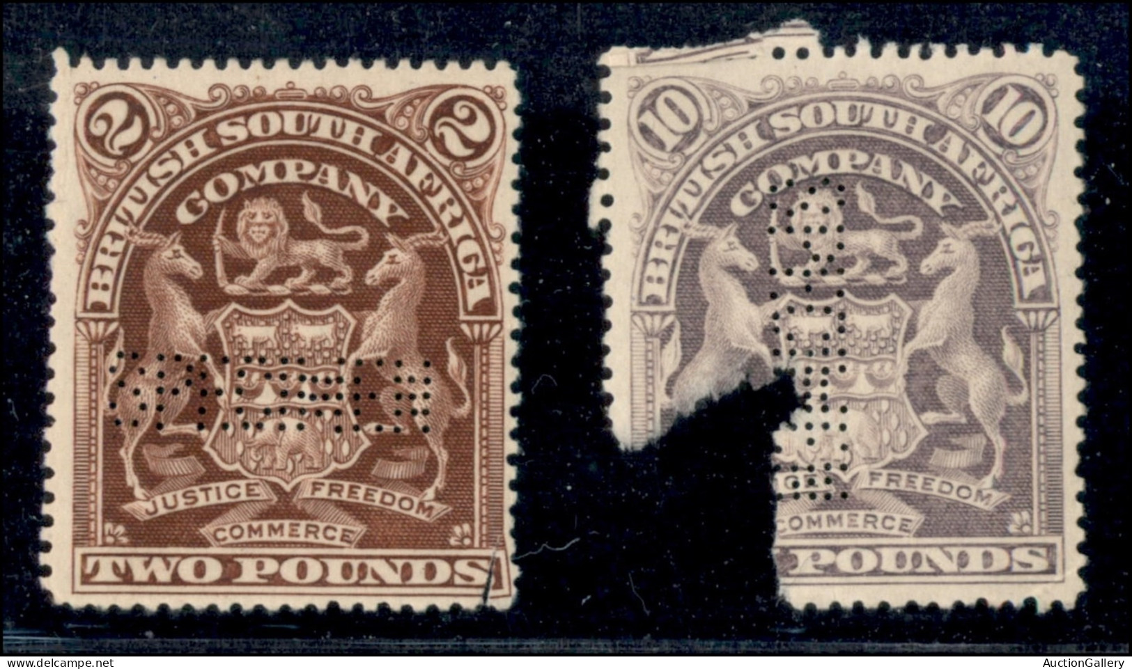 OLTREMARE - BRITISH SOUTH AFRICA - 1898 - Perforati Specimen - 2 Sterline (72) + 10 Sterline (74) - Senza Gomma - Difett - Autres & Non Classés