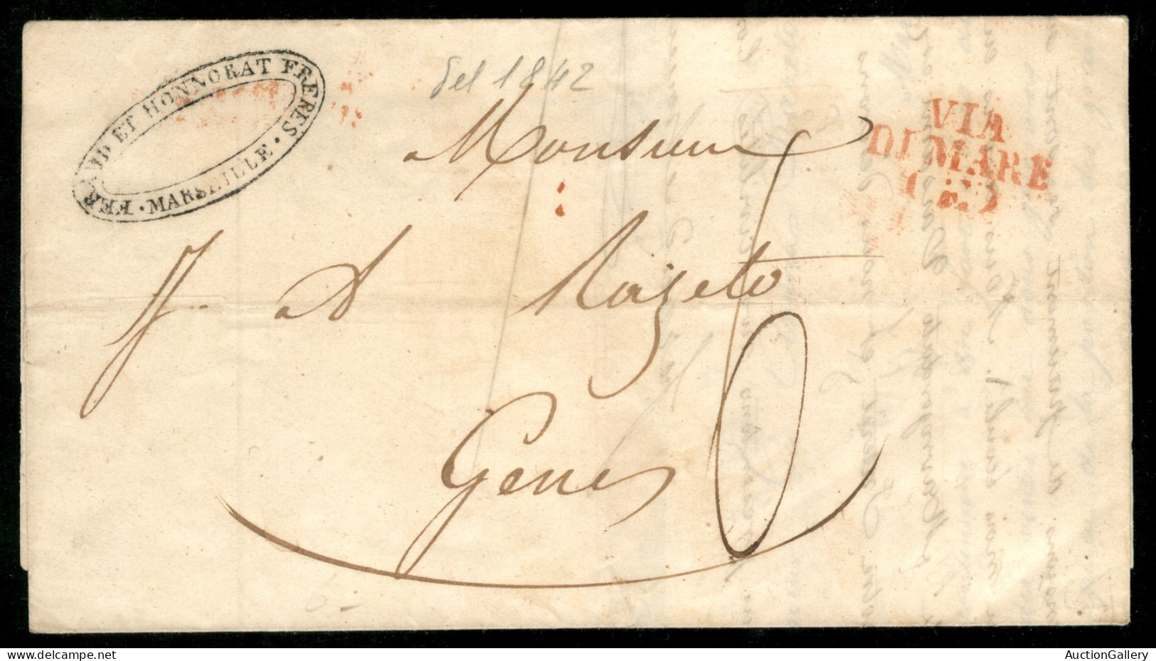 PREFILATELICHE - 1842 Lettera Da Marsiglia 1 Nov. Per Genova Con Bollo Via Di Mare (E) E Segno Di Tassa - Autres & Non Classés