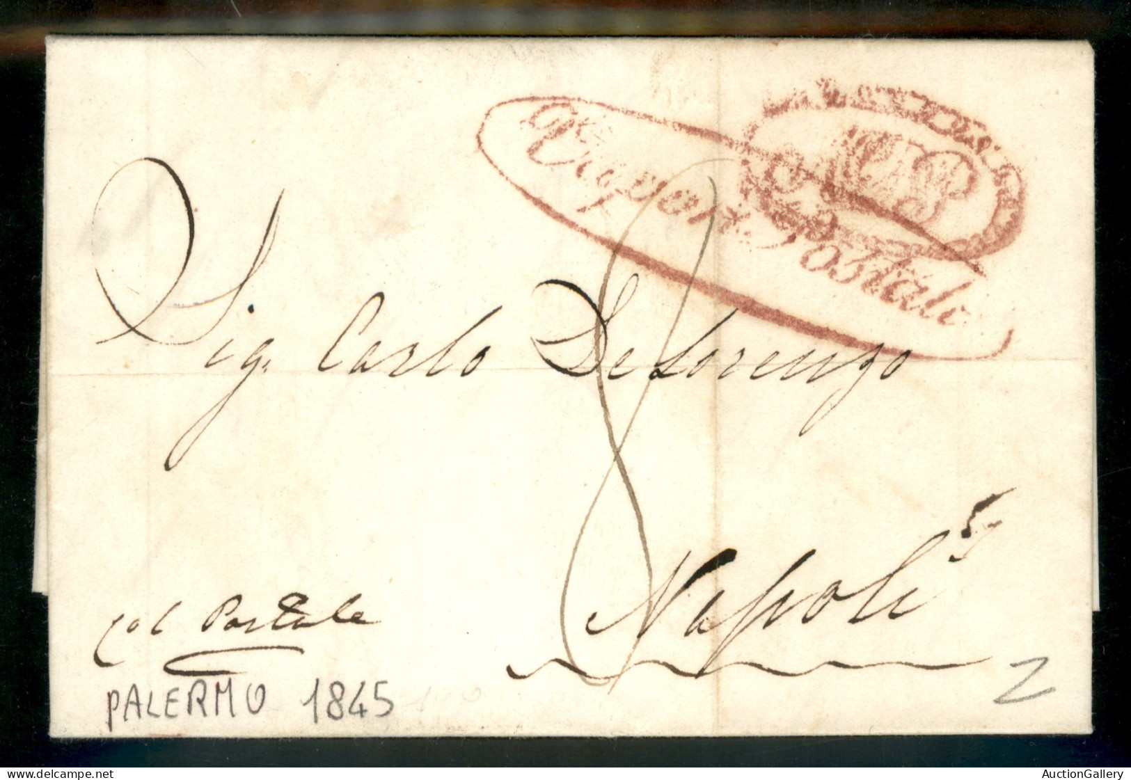 PREFILATELICHE - 1845 Lettera Da Palermo 10 Giu. Per Napoli Con Bollo Ovale Vapori Postali E Bollo Di Controllo In Rosso - Andere & Zonder Classificatie