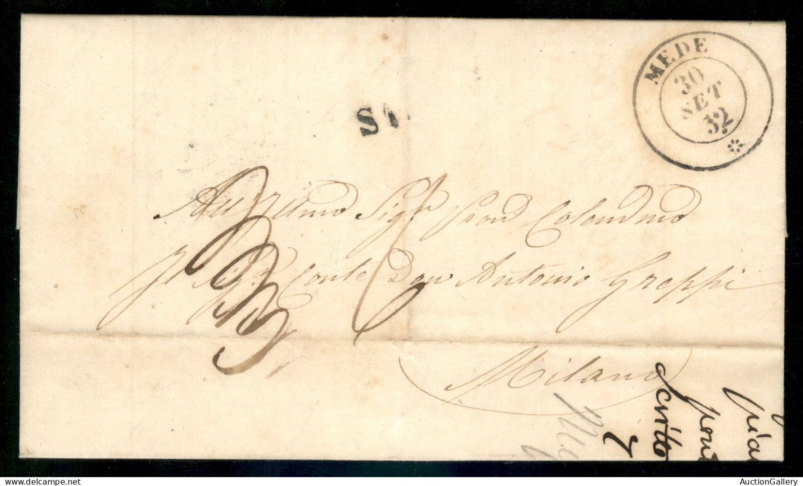 PREFILATELICHE - 1852 Lettera Con D.c. Mede 30 Set. 52 + Bollo S1 Per Milano - Segno Di Tassa 3/3/6 Relativo Alla Prima  - Other & Unclassified
