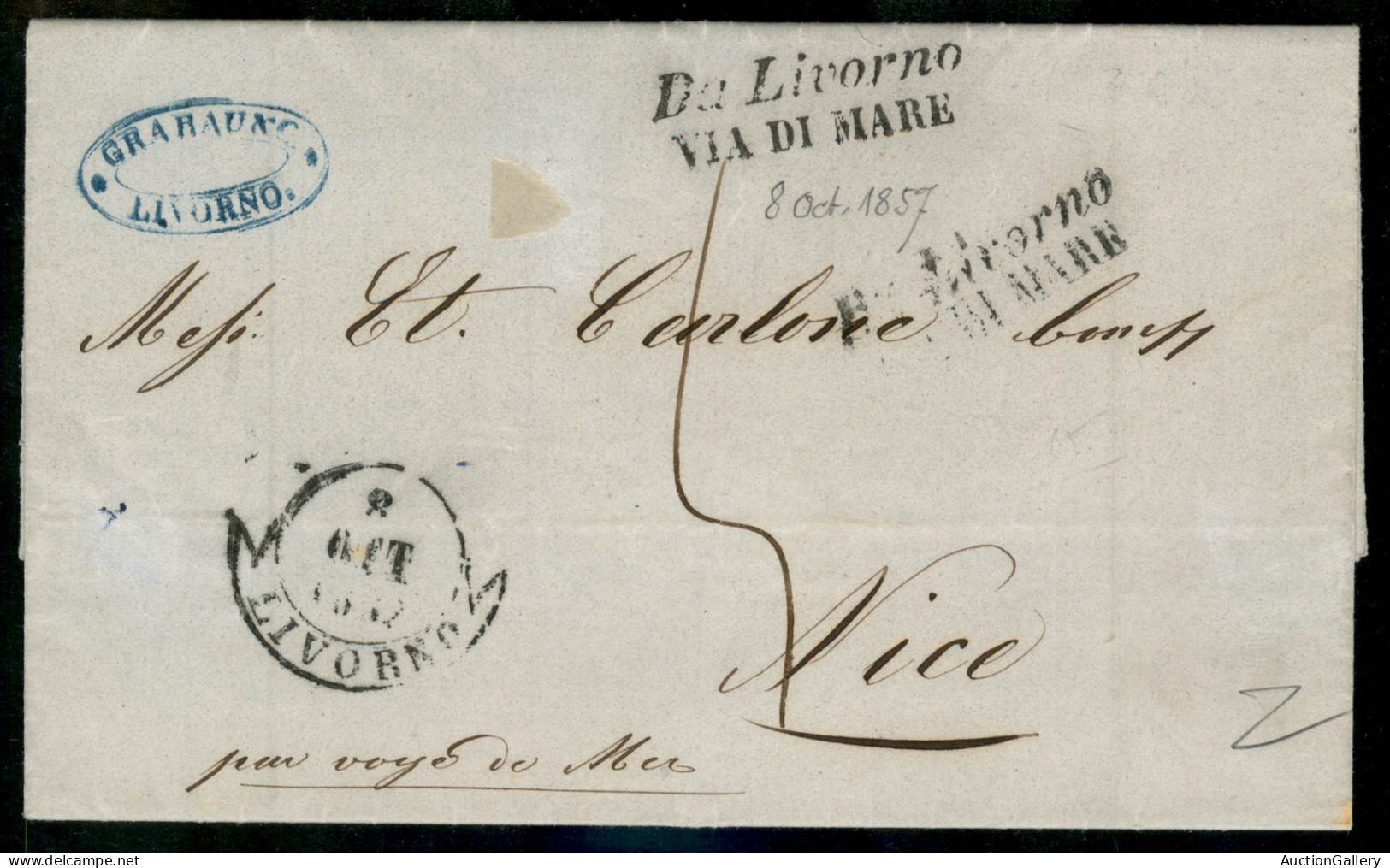 PREFILATELICHE - 1857 Lettera Da Livorno 8 Ott. Per Nizza Con Bolli Da Livorno Via Di Mare E Manoscritto "par Vojè De Me - Autres & Non Classés