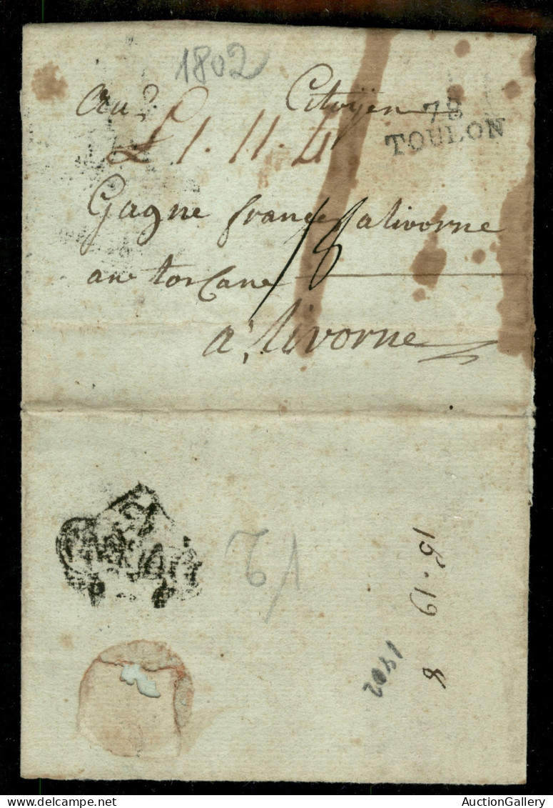 PREFILATELICHE - 1802 - Lettera Con Bollo 78 TOULON Per Livorno Con Manoscritto £.1.11.4 E Segno Di Tassa 18 - Al Verso  - Autres & Non Classés