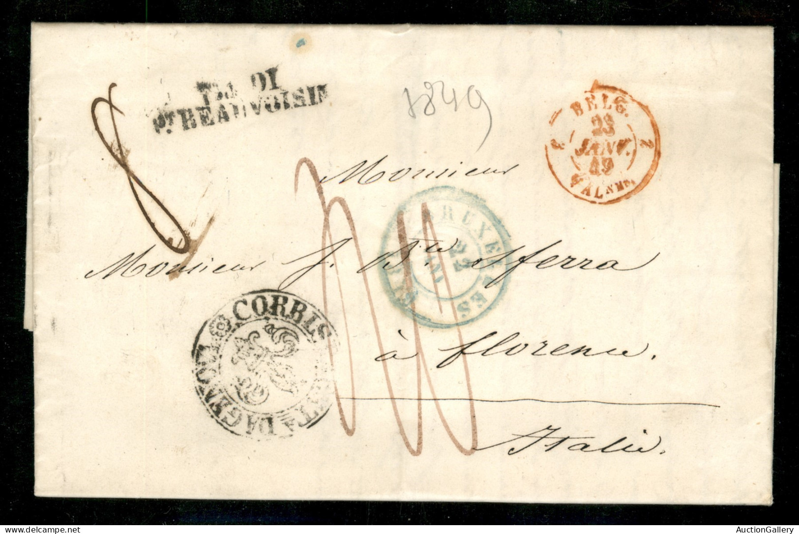 PREFILATELICHE - 1849 - Lettera Da Bruxelles Per Firenze Con Bollo D'ingresso In Francia In Rosso BELG. 3 VAL.NNE 3 21 J - Sonstige & Ohne Zuordnung