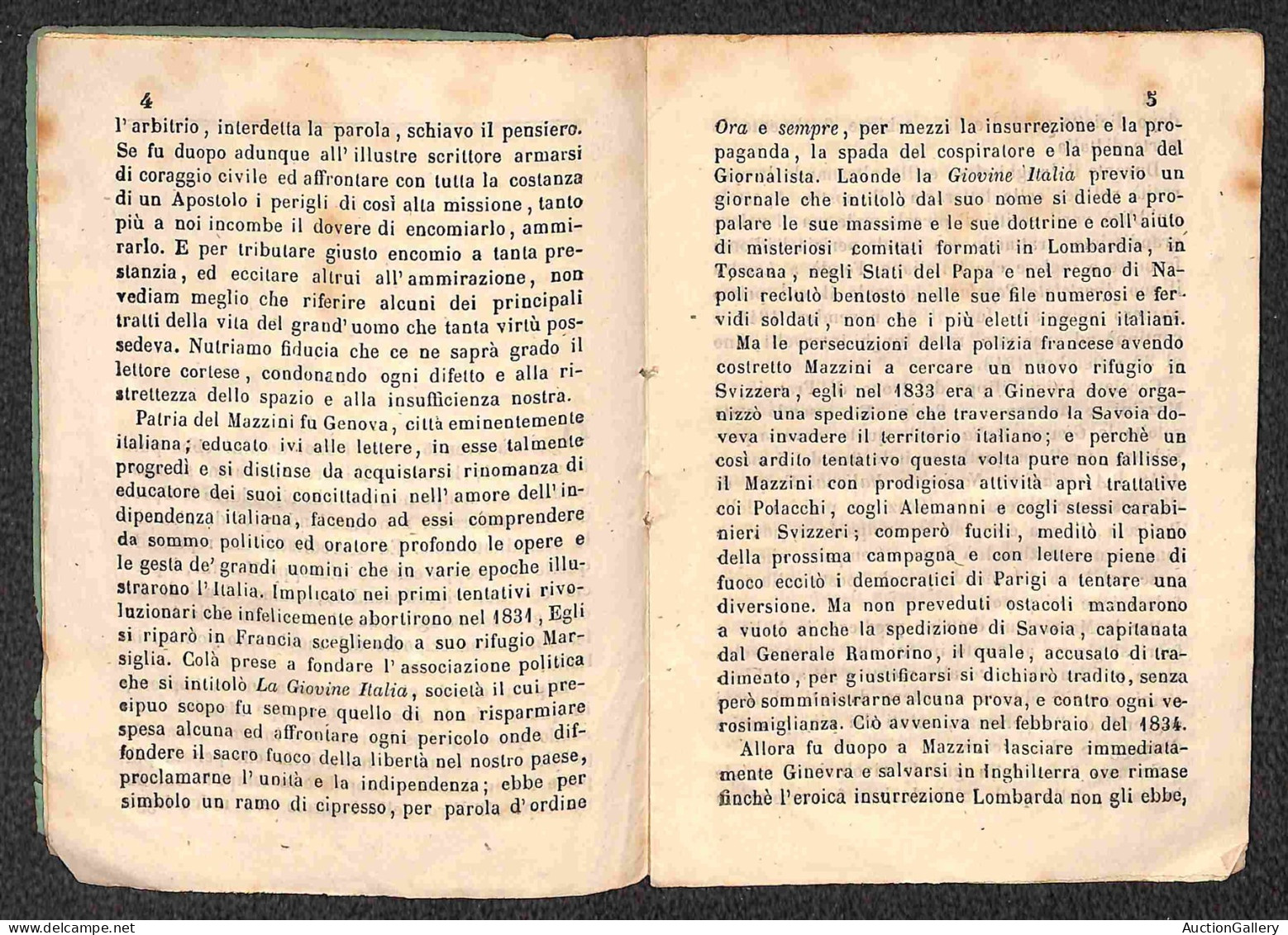 DOCUMENTI/VARIE - 1851 - Cenni Sulla Vita Di Giuseppe Mazzini - Opuscolo Di 20 Pagine Rilegato Con Punto Di Filo Central - Other & Unclassified