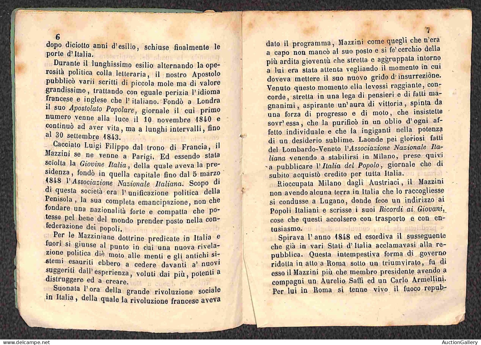 DOCUMENTI/VARIE - 1851 - Cenni Sulla Vita Di Giuseppe Mazzini - Opuscolo Di 20 Pagine Rilegato Con Punto Di Filo Central - Sonstige & Ohne Zuordnung