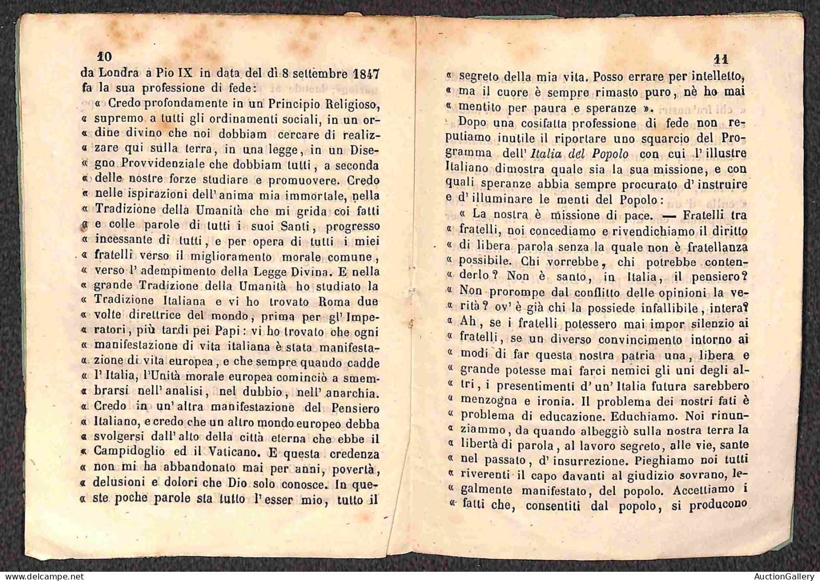 DOCUMENTI/VARIE - 1851 - Cenni sulla vita di Giuseppe Mazzini - opuscolo di 20 pagine rilegato con punto di filo central