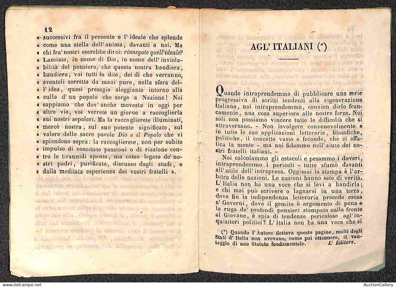 DOCUMENTI/VARIE - 1851 - Cenni sulla vita di Giuseppe Mazzini - opuscolo di 20 pagine rilegato con punto di filo central