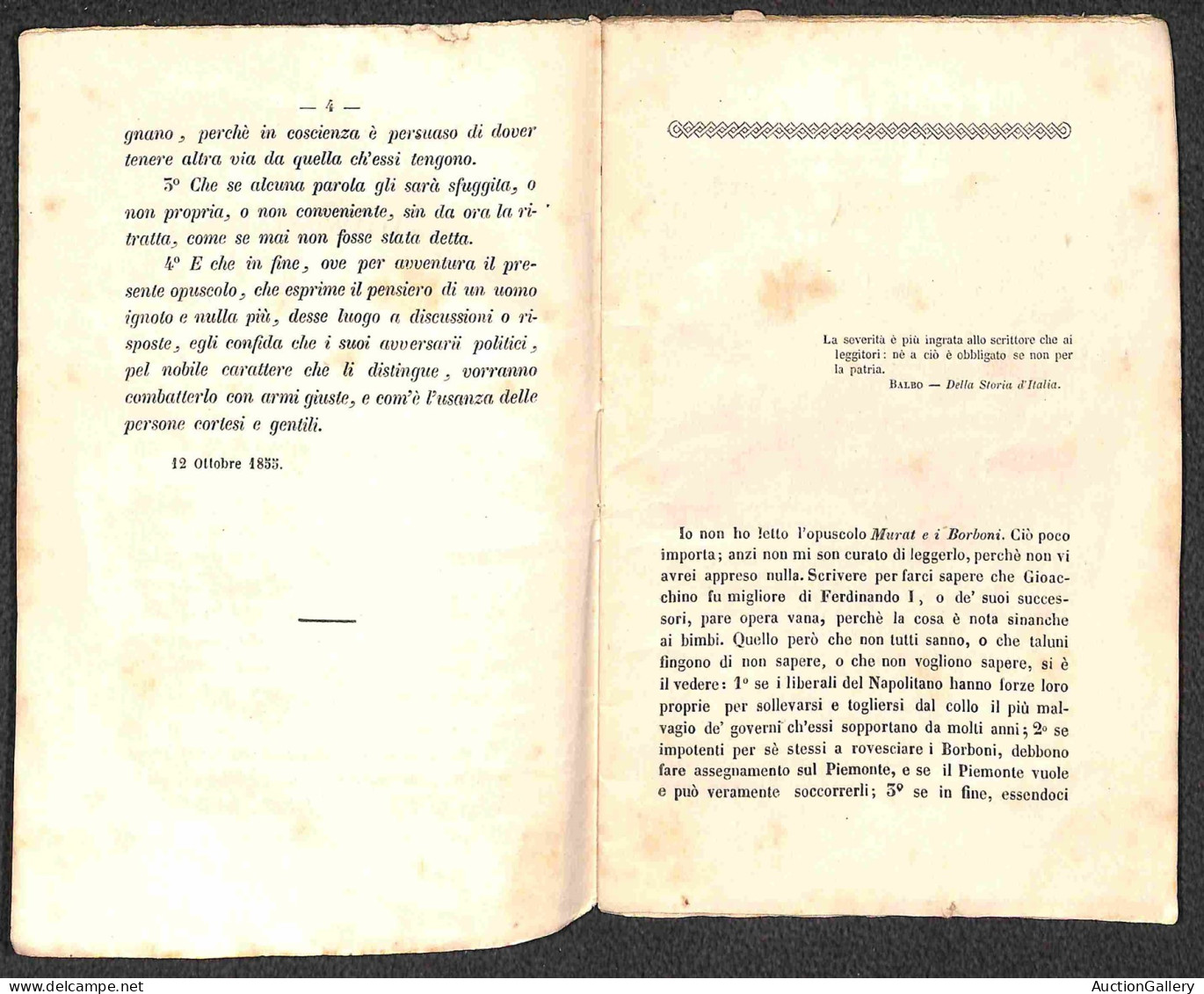 DOCUMENTI/VARIE - 1855 - La Quistione Napoletana/Ferdinando Borbone E Luciano Murat - Opuscolo Di 44 Pagine Rilegato Con - Autres & Non Classés