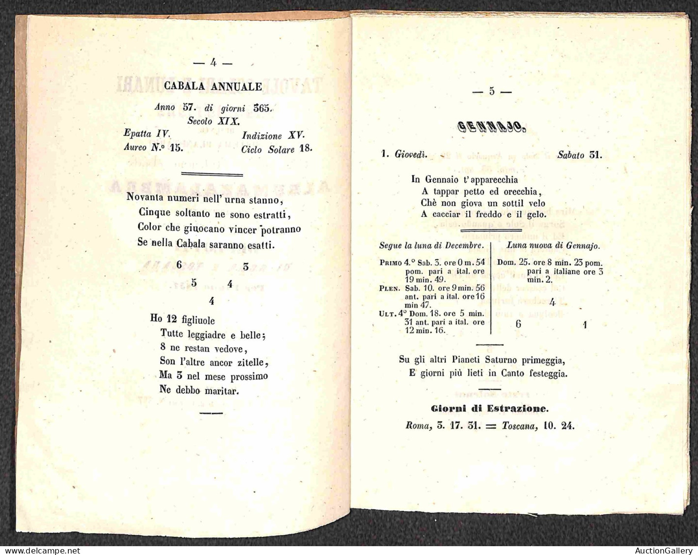 DOCUMENTI/VARIE - 1857 - Cabola Del Giuoco Del Lotto Dell'arabo Astronomo Albumazalambra - Opuscolo Di 32 Pagine Rilegat - Autres & Non Classés