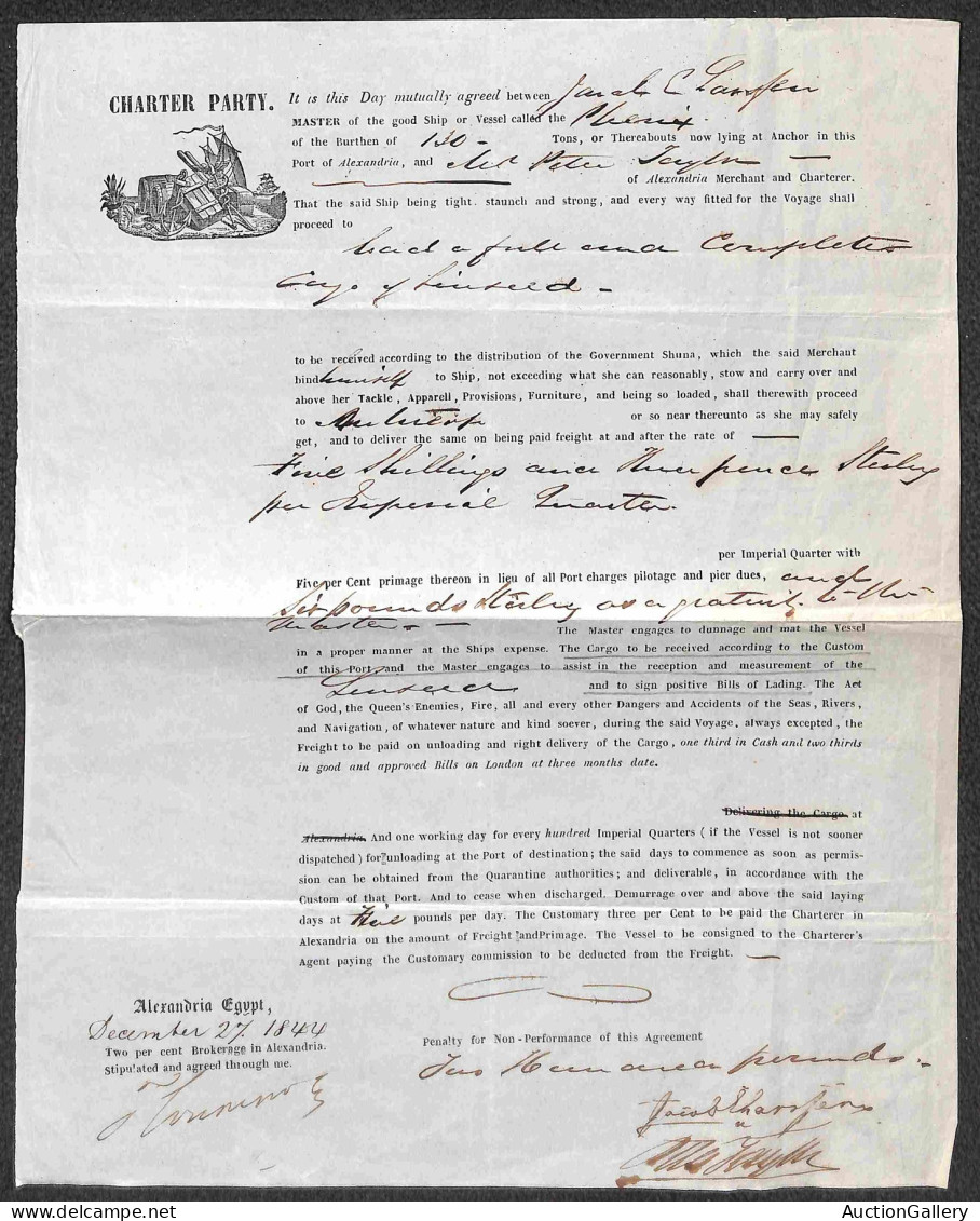 DOCUMENTI/VARIE - 1844 - Polizza Di Carico "Charter Party" Da Alessandria Del 27.12.44 - Autres & Non Classés