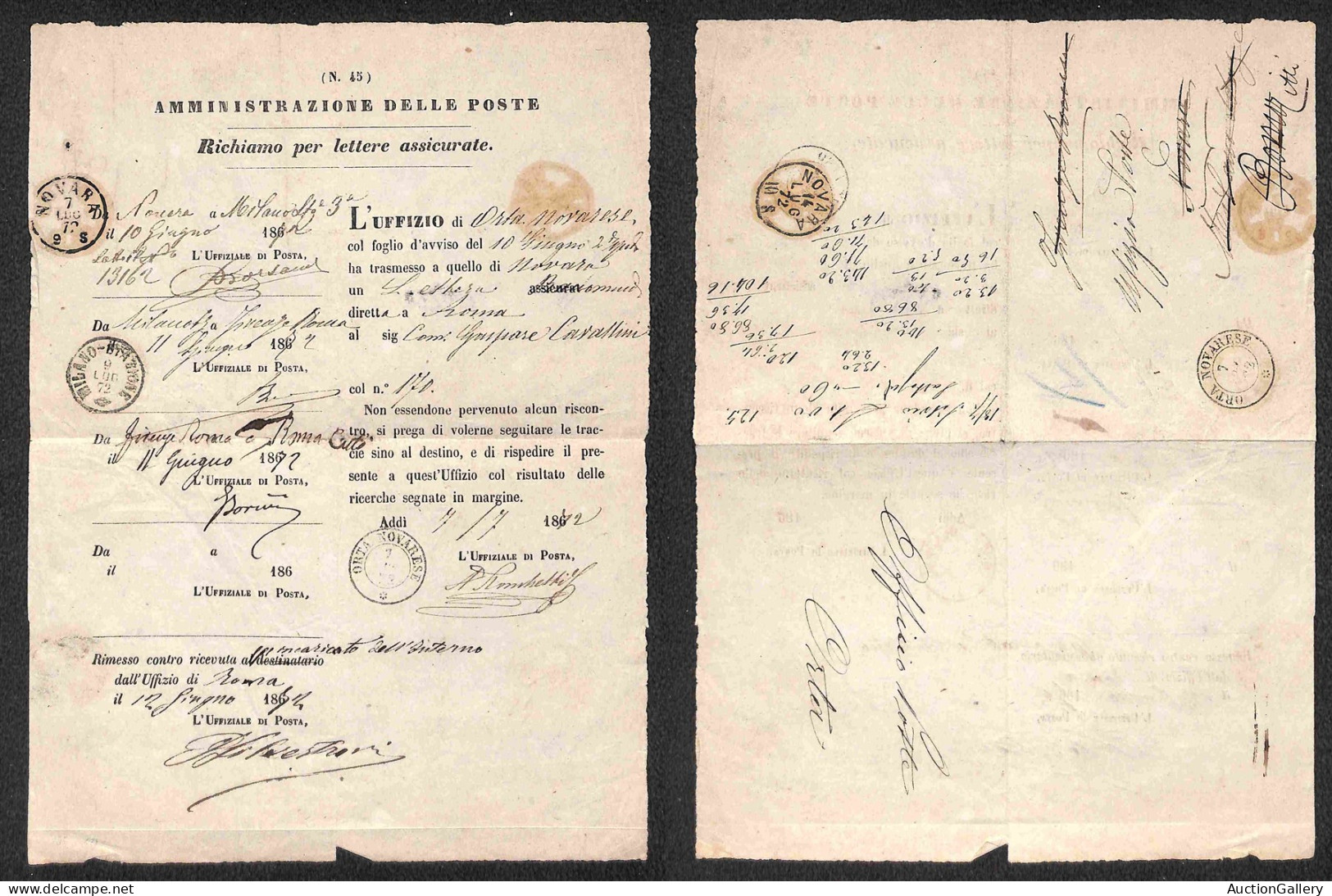 DOCUMENTI/VARIE - Richiamo Per Lettere Assicurate - 1872 - Orta Novarese 7 Luglio + Novara 7 Luglio + Milano Stazione 9  - Otros & Sin Clasificación