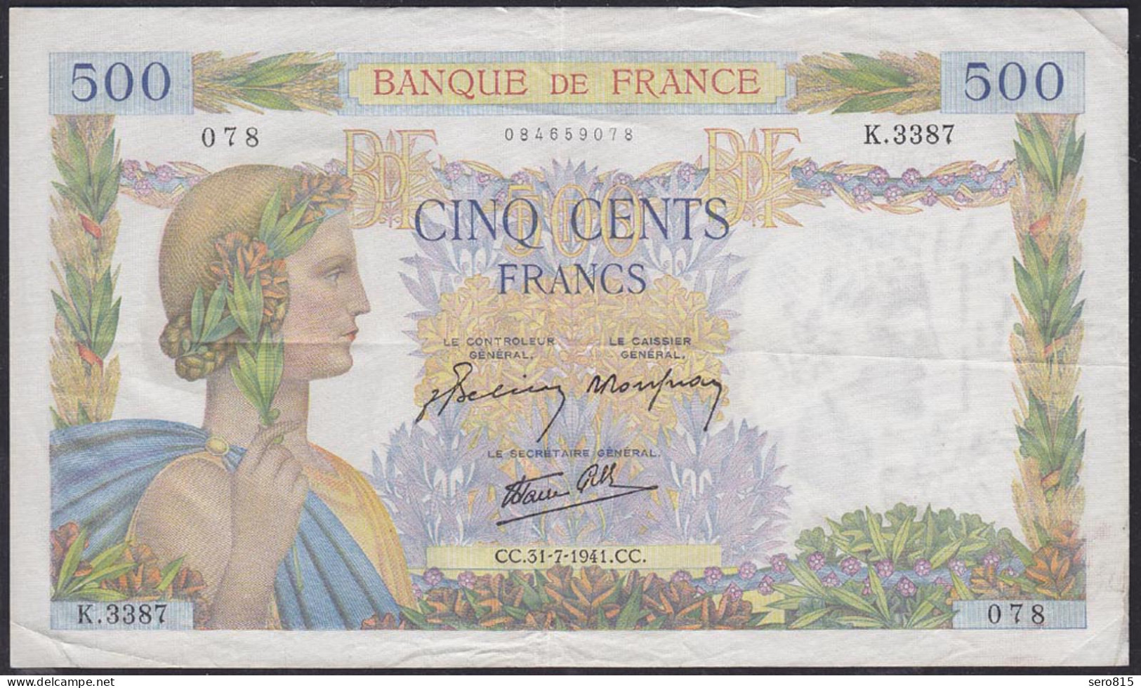 Frankreich - France 500 Francs Banknote 31-7-1941 VF Pick 94b   (12345 - Andere & Zonder Classificatie