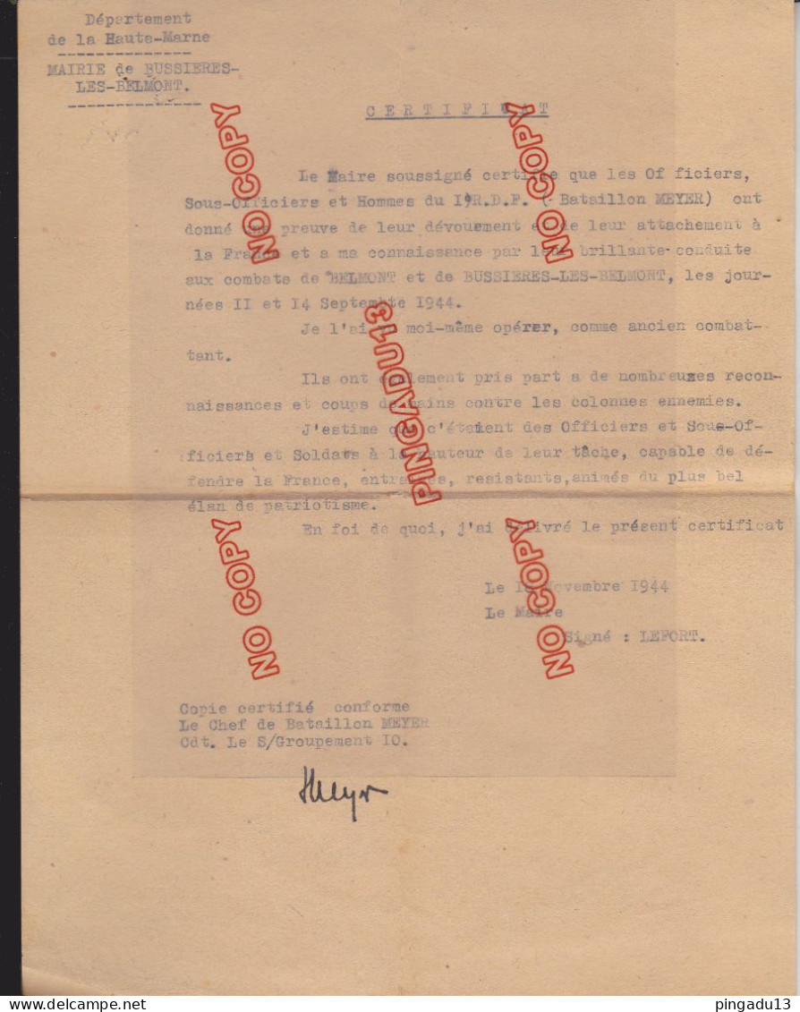 WW2 Résistance ? Libération ? Document à étudier Mairie Bussières Les Belmont Certificat 18 Novembre 1944 - 1939-45