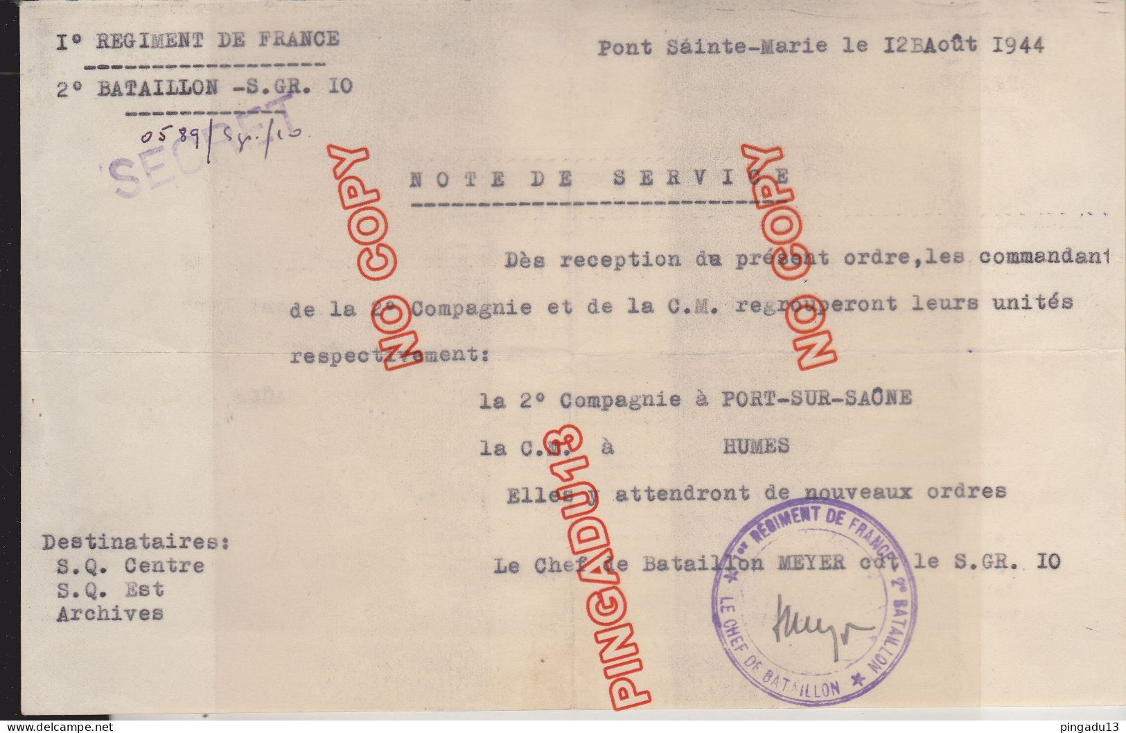 WW2 Résistance ? Libération ? Document à étudier Pont Sainte Marie Aube 12 Août 1944 Note De Service - 1939-45