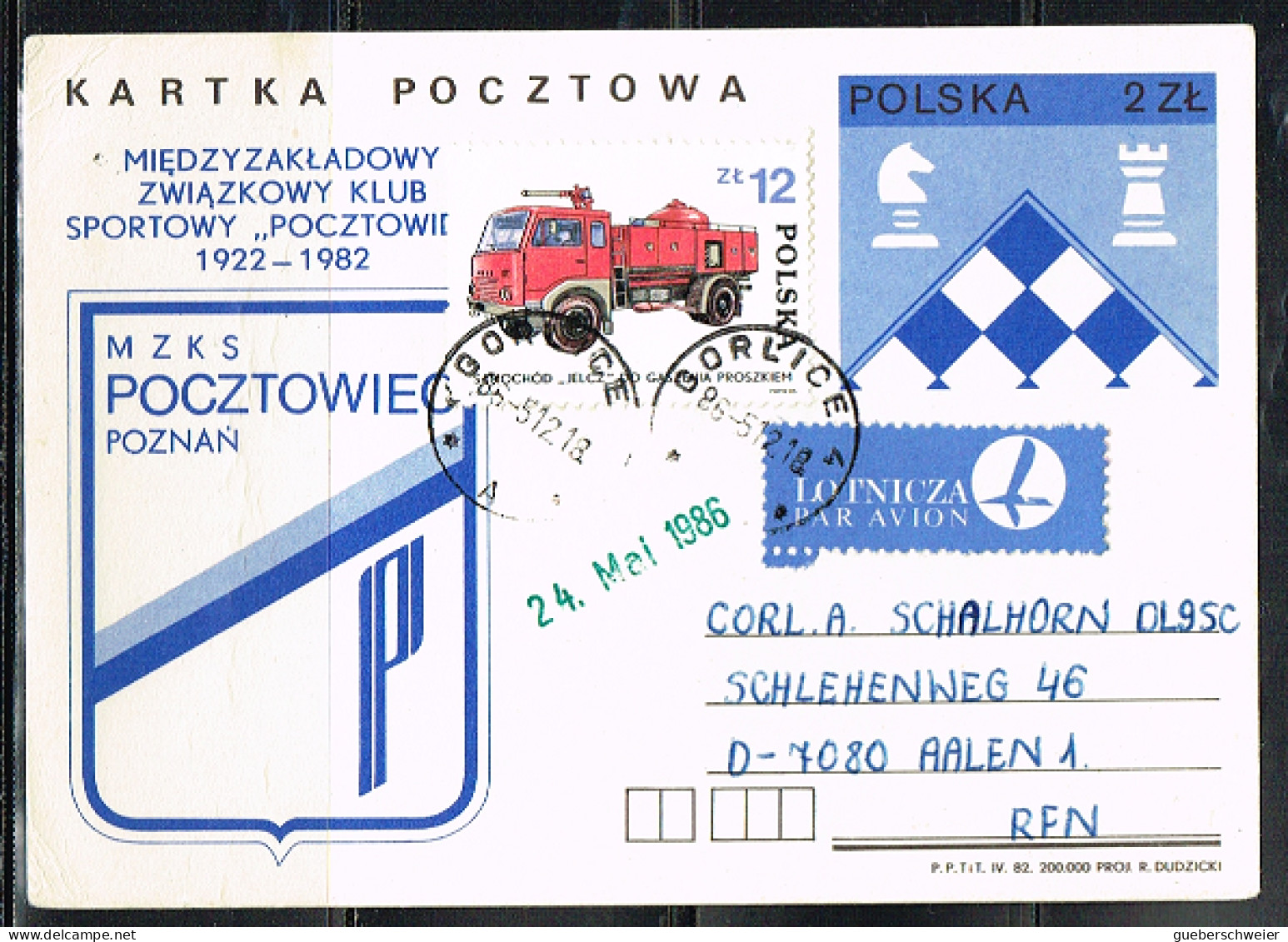 ECH L 5 - POLOGNE Entier Postal Carte Illustrée Echecs Par Avion De Gorlice à Aalen 1986 - Ganzsachen