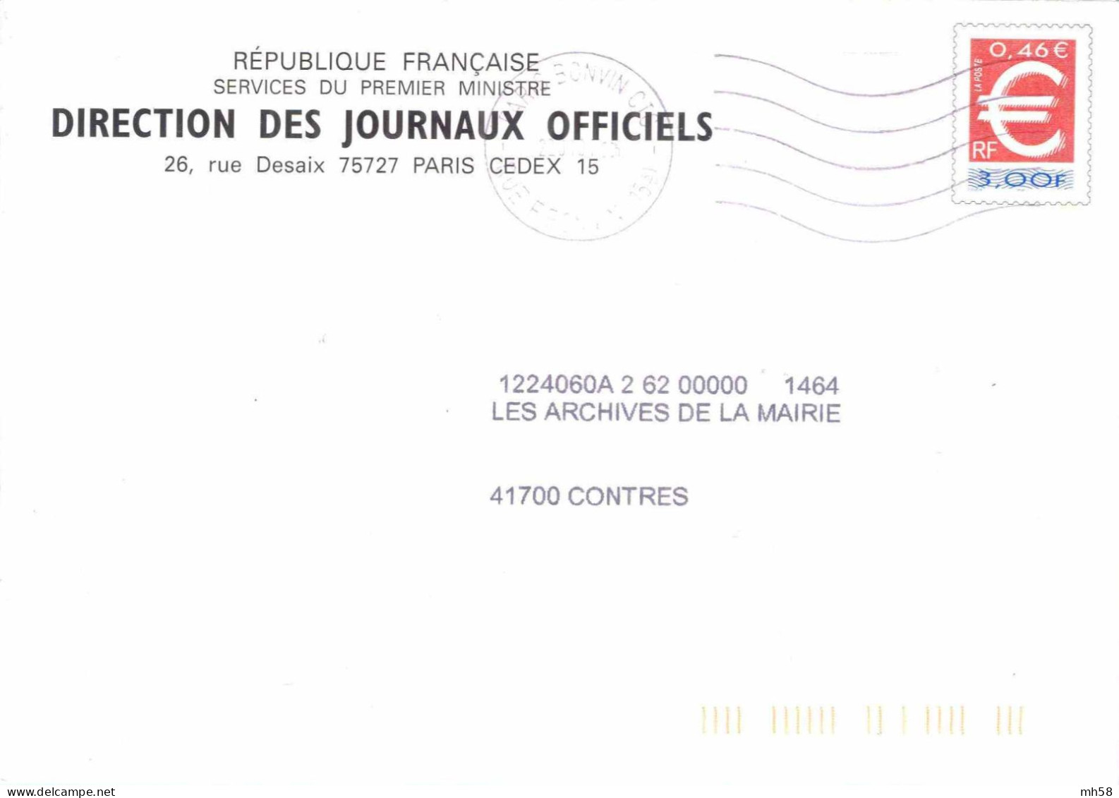Entier FRANCE - PAP Enveloppe Sachet Direction Des Journaux Officiels Oblitéré - 3f00 / 0,46 € Euro - Prêts-à-poster:Stamped On Demand & Semi-official Overprinting (1995-...)