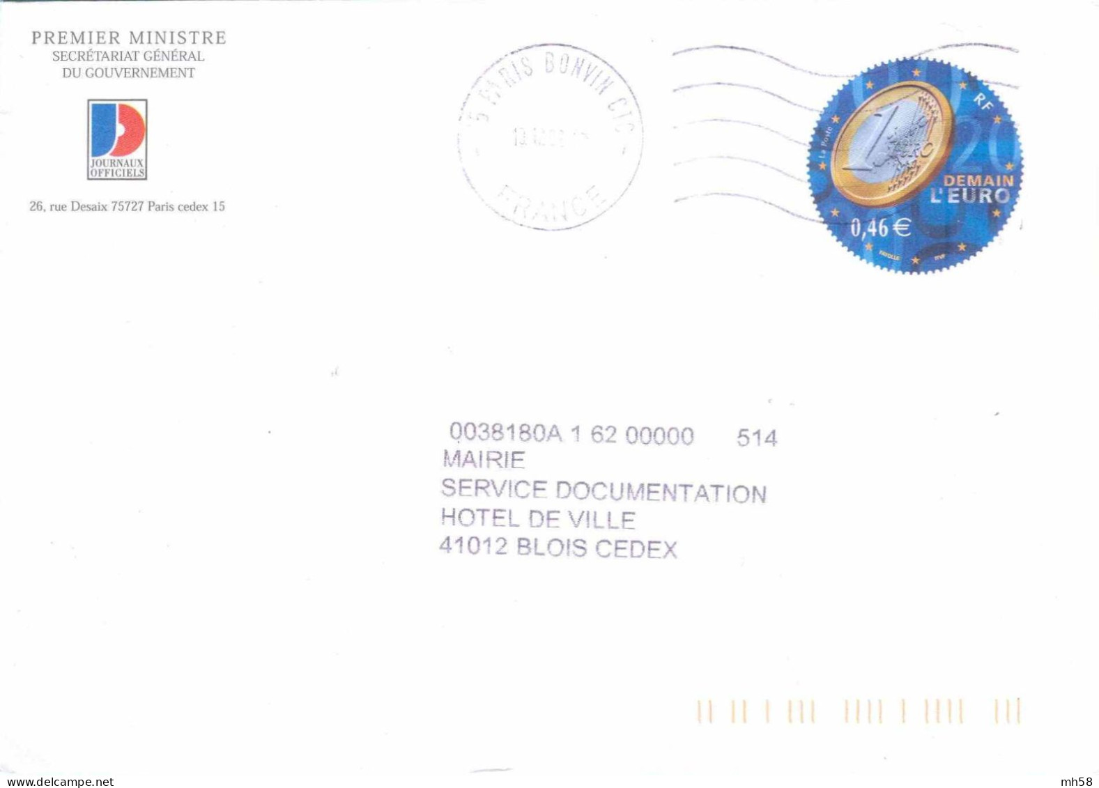 Entier FRANCE - PAP Enveloppe Sachet Direction Des Journaux Officiels Oblitéré 2002 - 0,46 € Demain L'Euro - Prêts-à-poster:Stamped On Demand & Semi-official Overprinting (1995-...)