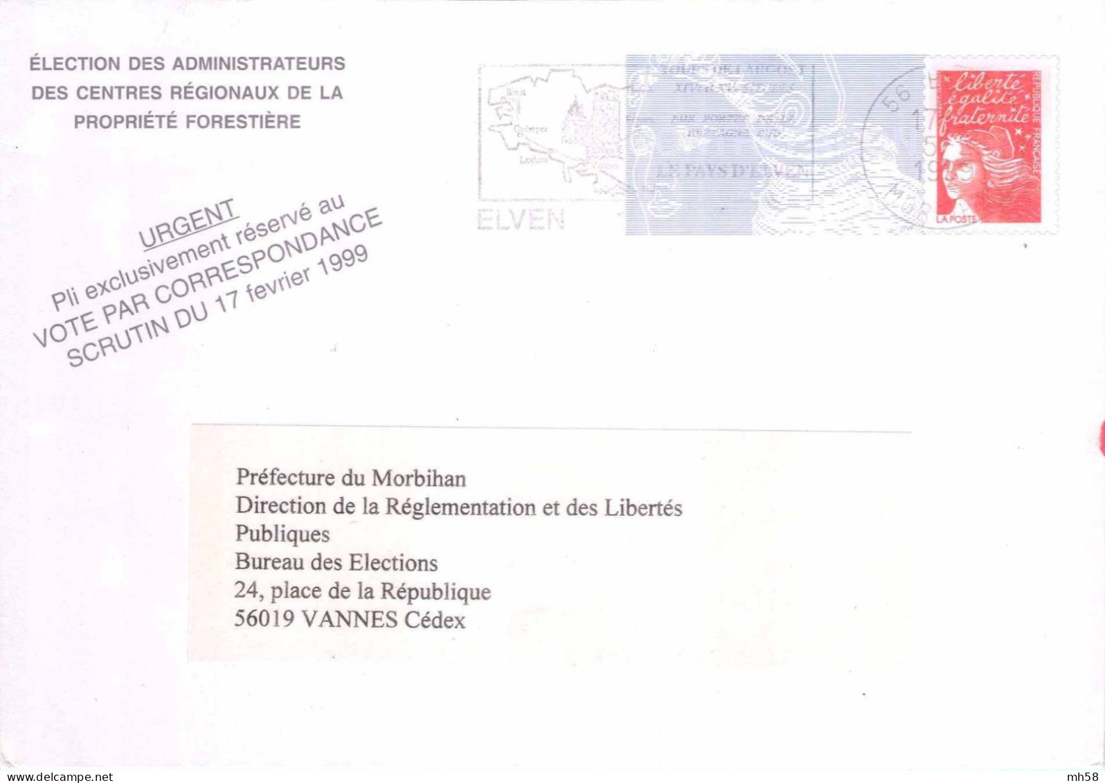 Entier FRANCE - PAP Enveloppe élection Administrateurs Forestiers Morbihan Oblitéré 1999 - TVP Luquet La Poste Rouge - PAP : Antwoord /Luquet