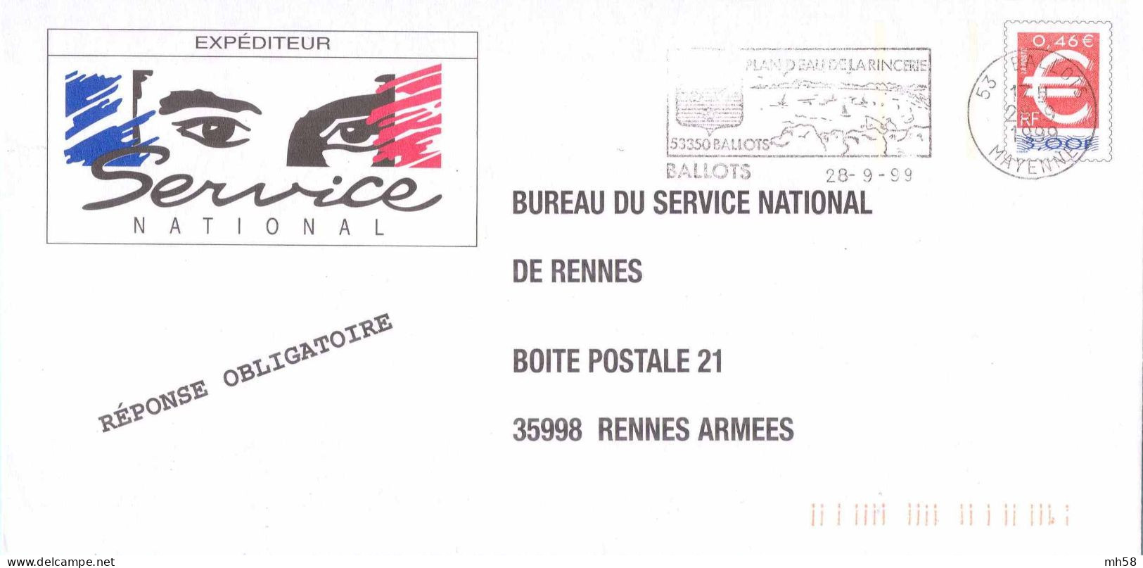 Entier FRANCE - PAP Enveloppe Bureau Service National BSN Rennes Oblitéré 1999 - 3f00 / 0,46 € Euro - PAP : Su Commissione Privata TSC E Sovrastampe Semi-ufficiali