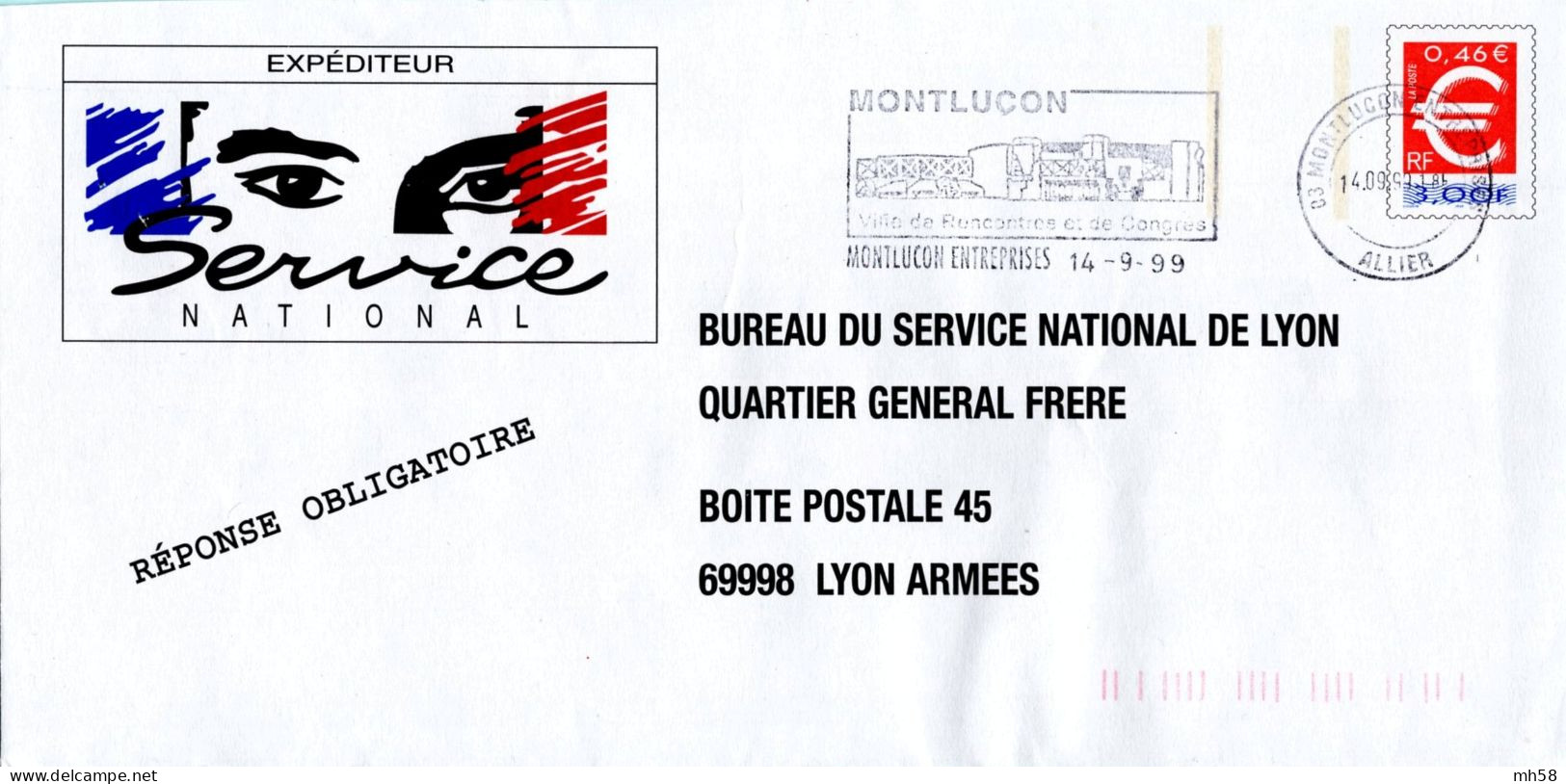 Entier FRANCE - PAP Enveloppe Bureau Service National BSN Lyon Oblitéré 1999 - 3f00 / 0,46 € Euro - Prêts-à-poster:Stamped On Demand & Semi-official Overprinting (1995-...)