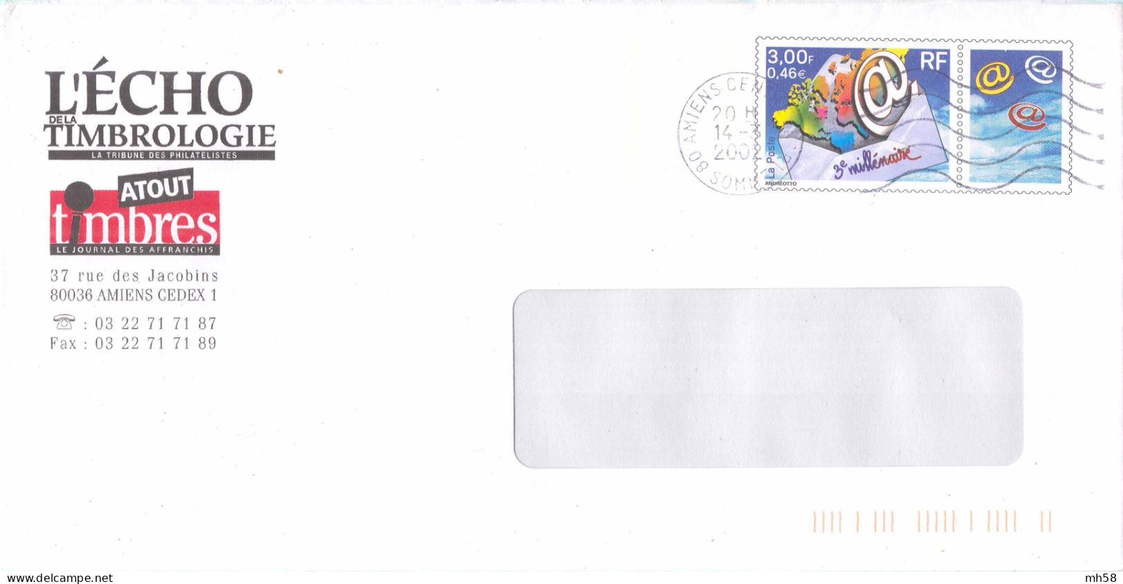 Entier FRANCE - PAP Enveloppe Repiquage Echo Timbrologie Atout Timbres Obl. 2002 - 3f00 / 0,46 € Arobase 3° Millénaire - Prêts-à-poster:private Overprinting