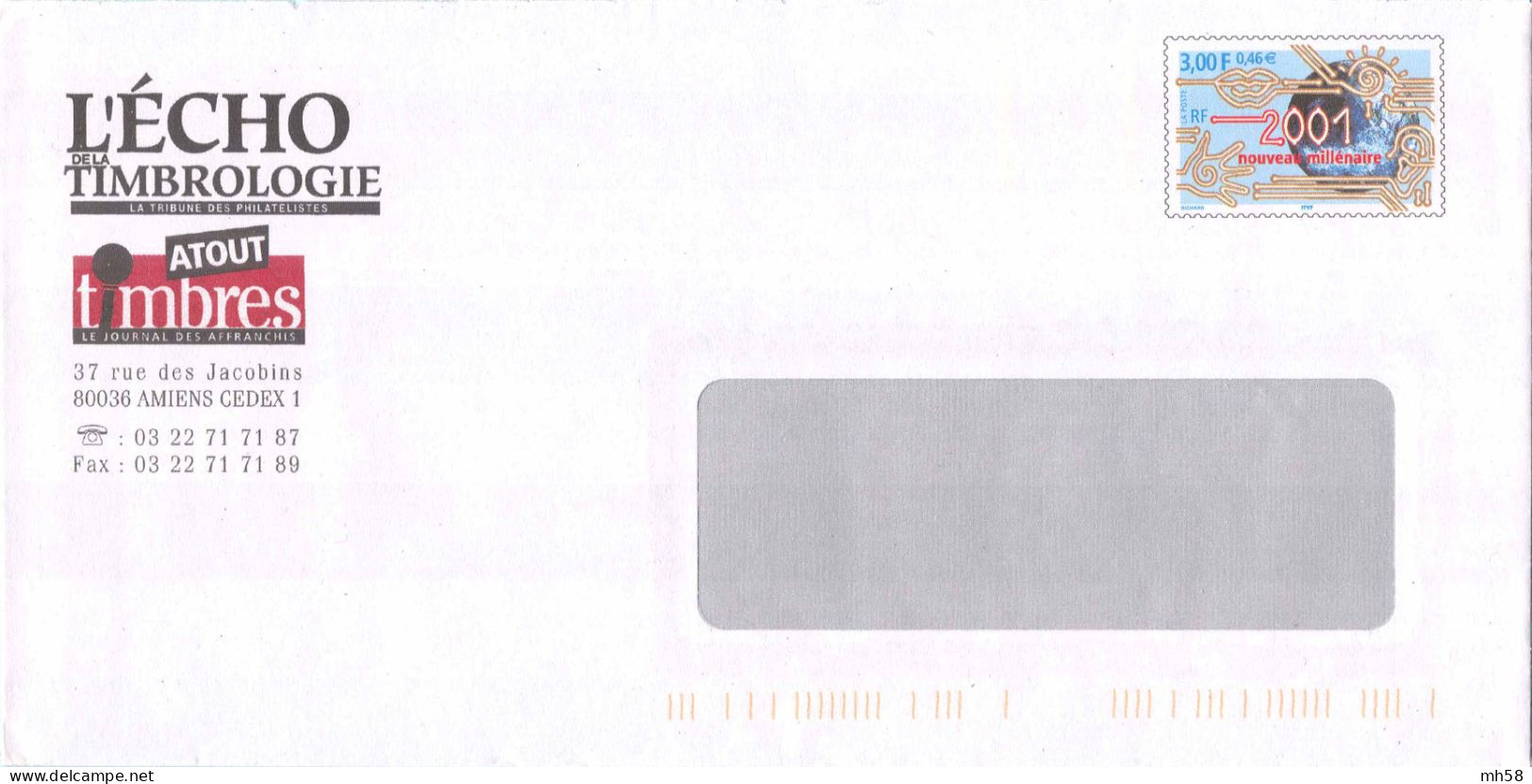 Entier FRANCE - PAP Enveloppe Repiquage Echo Timbrologie Atout Timbres Circulé - 3f00 / 0,46 € 2001 Nouveau Millénaire - PAP: Privé-bijwerking