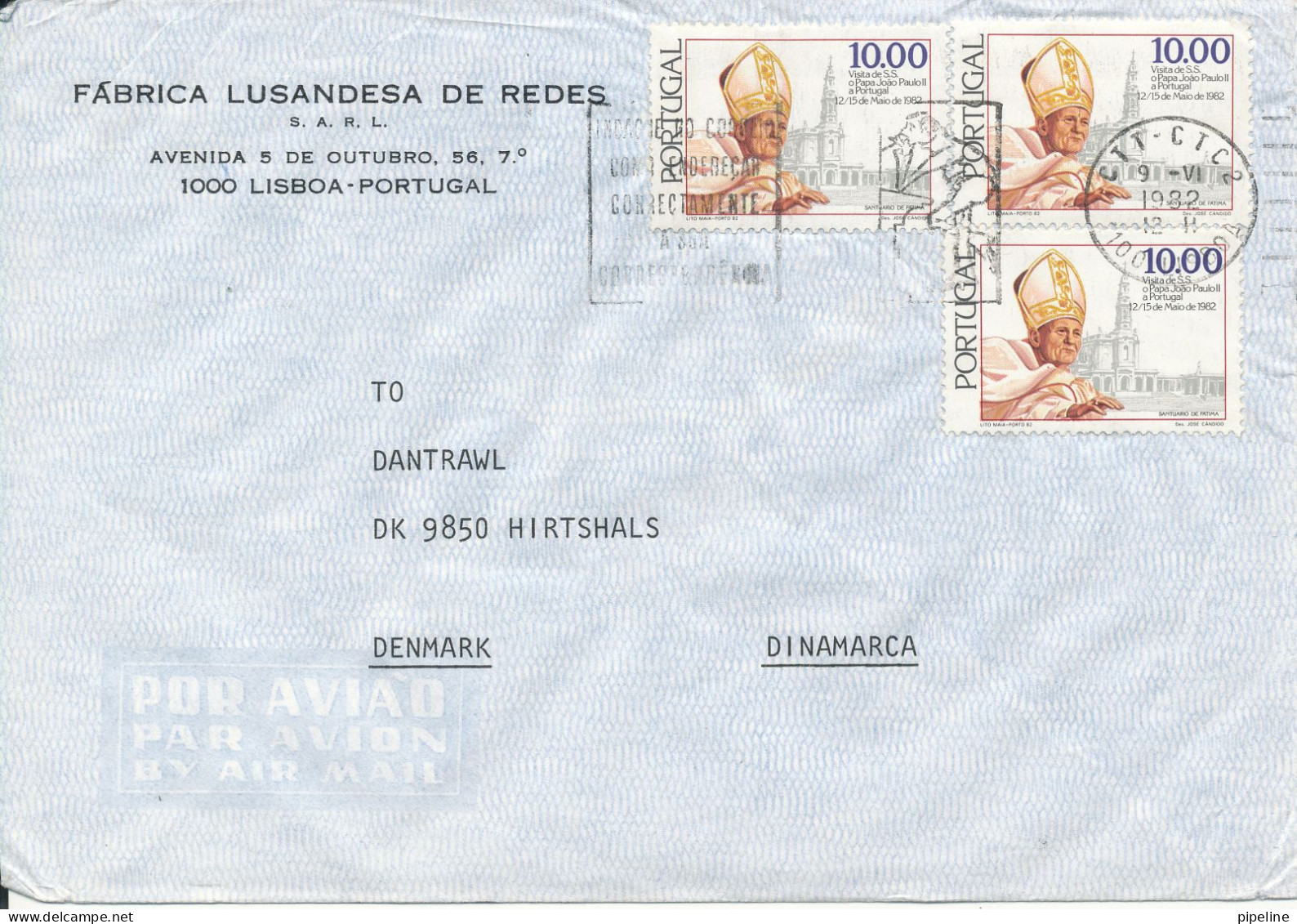 Portugal Air Mail Cover Sent To Denmark 9-6-1982 Topic Stamps POPE - Covers & Documents