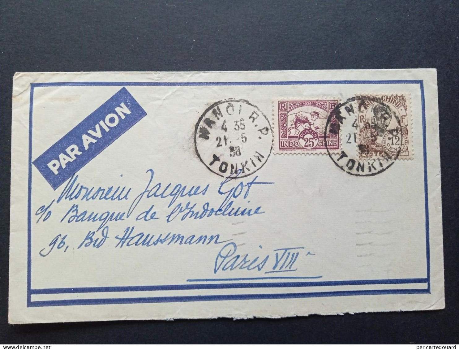 Lettre Par Avion Depuis Hanoï Tonkin Pour Paris VIII, Le 21/05/1938. Cachet Arrivée Au Verso - Vietnam