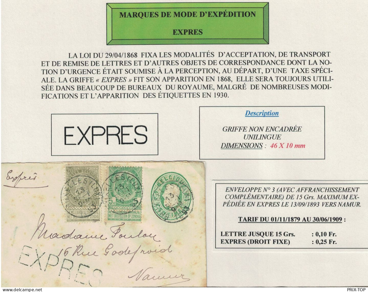 Entier Enveloppe N°3 + TP 56-59 FB Expédié En Exprès Obl. BXL (LUX) 13/9/1893 Griffe EXPRES > Namur C. D'arrivée - Sobres