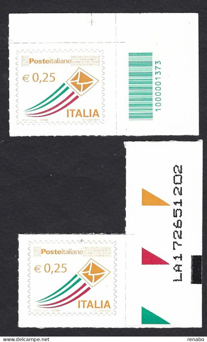 Italia 2013; Posta Italiana € 0,25 Serie Ordinaria: L’ Unico Francobollo A Barre Del Foglio + Codice Alfanumerico. - Codici A Barre