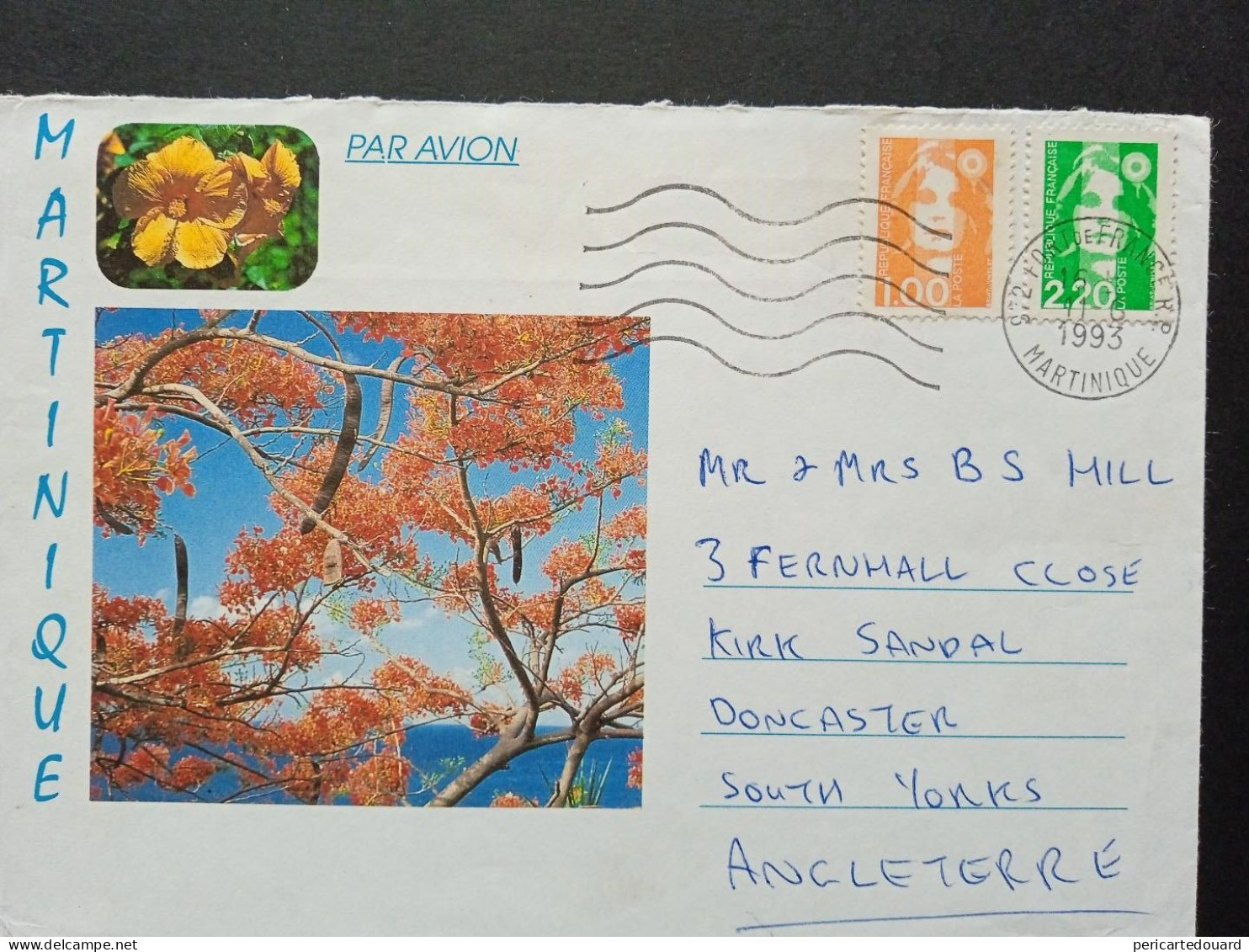 Lettre Depuis La Martinique, Fort De France Pour Doncaster En L' Angleterre Le 11 Juin 1993 - 1989-1996 Marianne (Zweihunderjahrfeier)