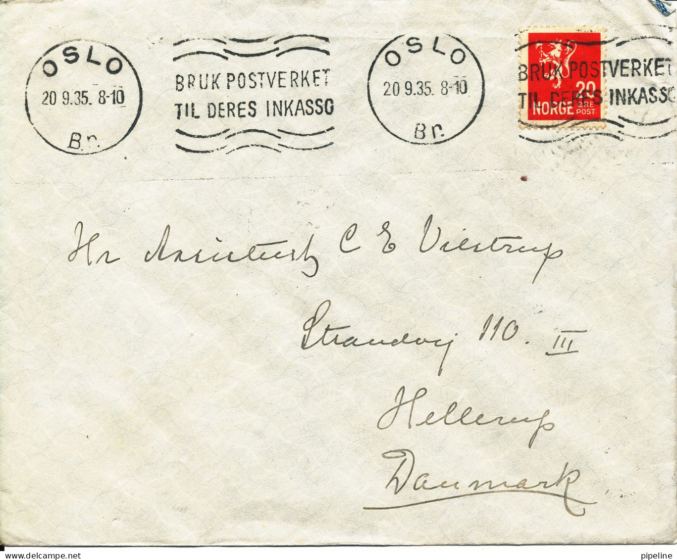 Norway Cover Sent To Denmark Oslo 20-9-1935 Single Franked Bruk Postverket Til Deres Inkasso - Brieven En Documenten