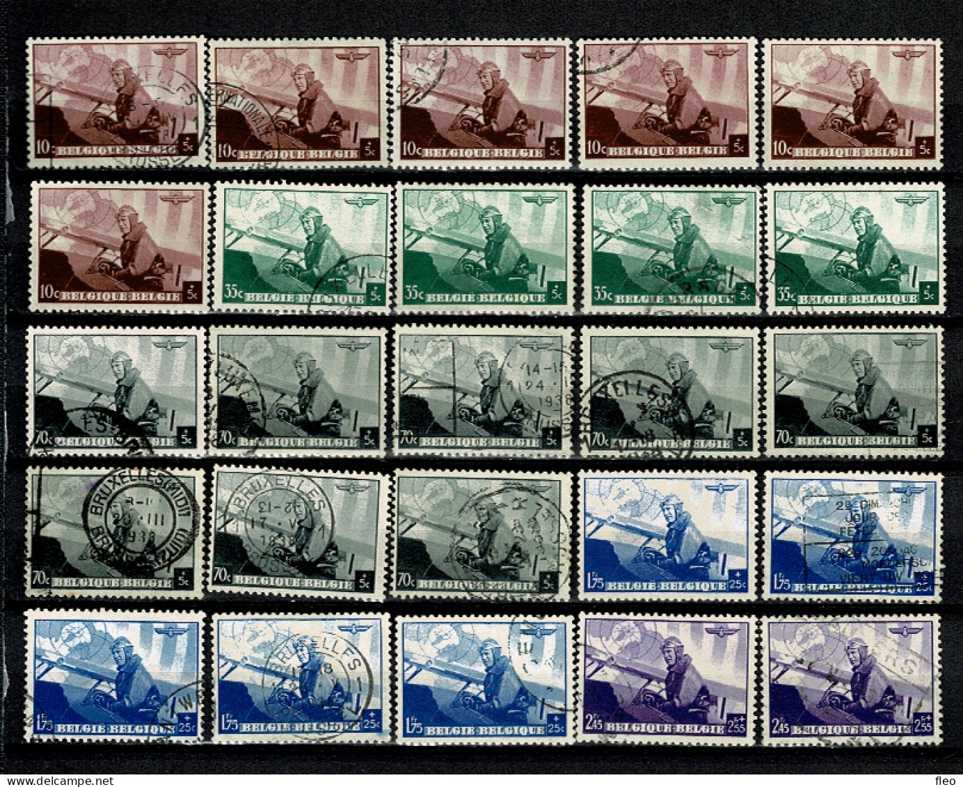 1938 Serie 466/470° (lot 25 Timbres) : " Leopold III Vliegenier " - Gebraucht