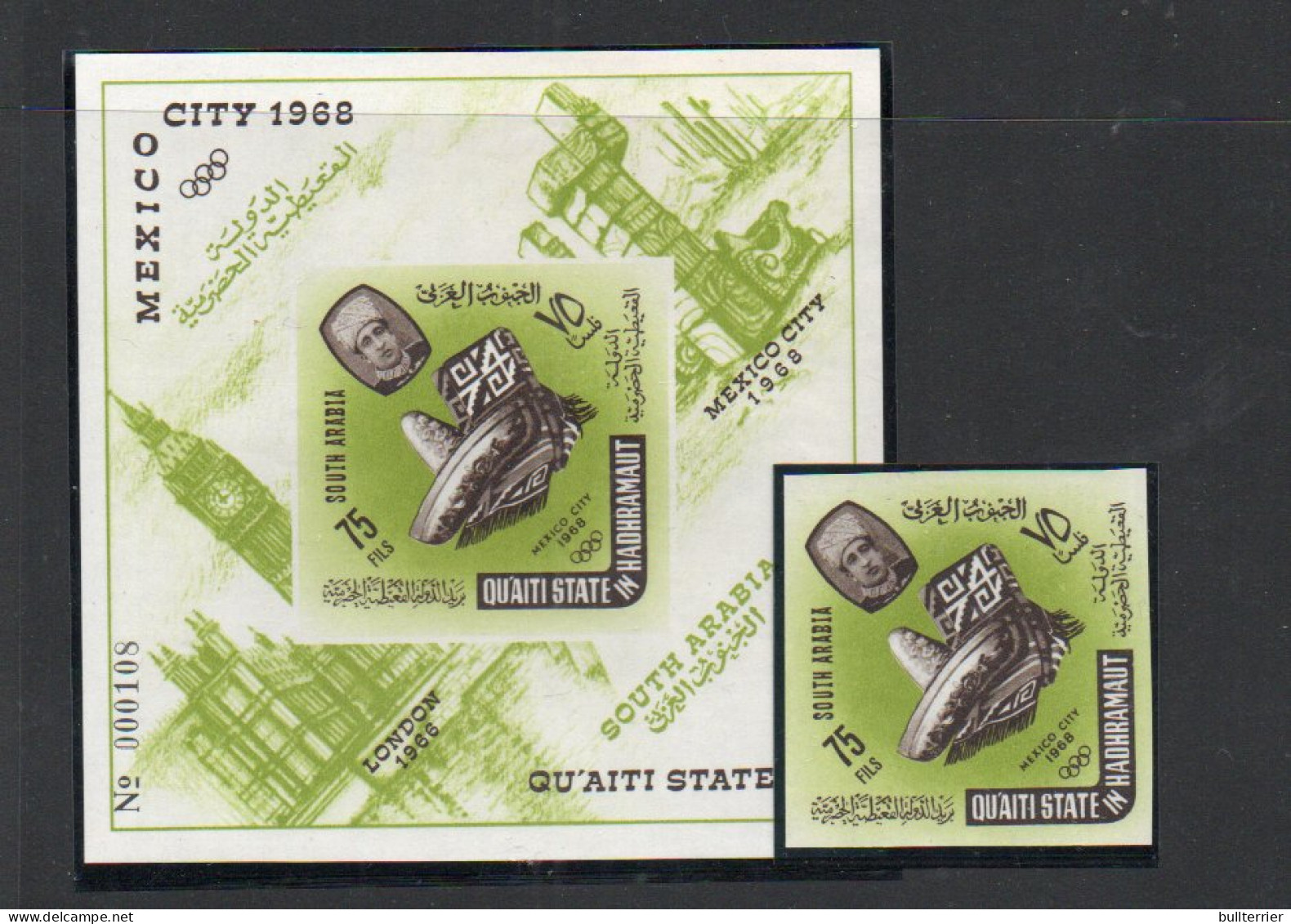 OLYMPICS -  QUAITI STATE HADHRAMAUT 1966-MEXICO OLYMPICS STAMP + S/SHEET IMPERF (79b+bl2B)  MINT NEVER HINGED,  - Ete 1968: Mexico