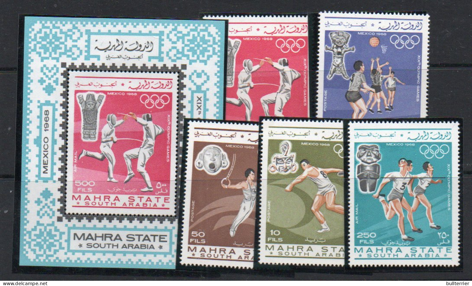 OLYMPICS -  MAHRA STATE - 1967 - MEXICO OLYMPICS SET OF 5 + S/SHEET PERF (mic 25/29 +bl2a)  MINT NEVER HINGED,  - Summer 1968: Mexico City