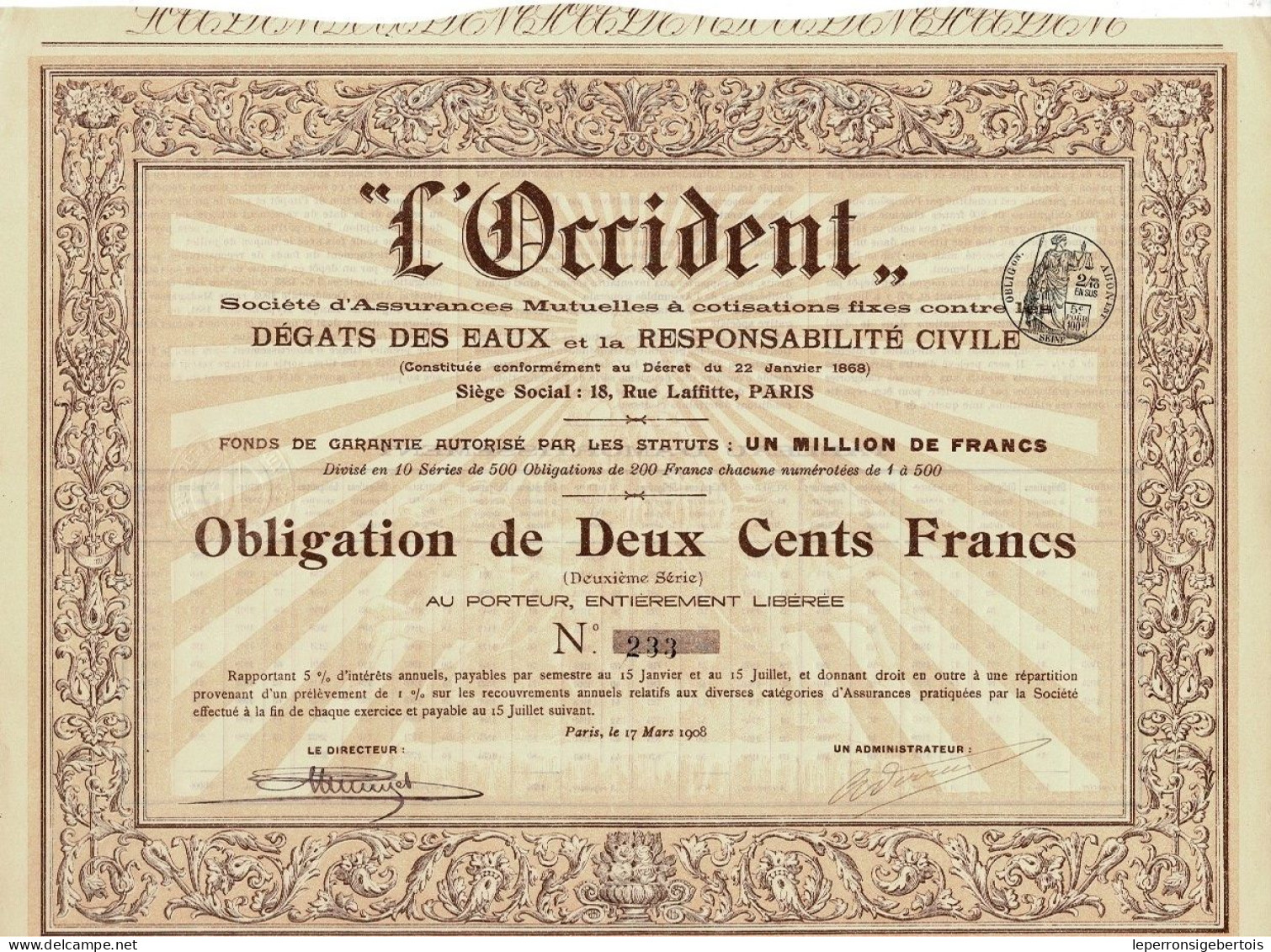 Obligation De 1908 Sté D'Assurances Mutuelles à Cotisations Fixes Contre Les Dégats Des Eaux Et La Responsabilité Civile - Banque & Assurance