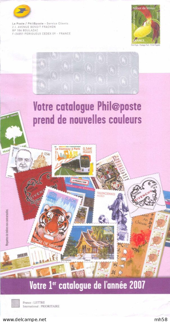 Entier FRANCE - PAP Enveloppe Service Phil@poste Circulé 2007 - Votre Catalogue Prend Des Couleurs - TVP Sabot De Vénus - PAP : Su Commissione Privata TSC E Sovrastampe Semi-ufficiali